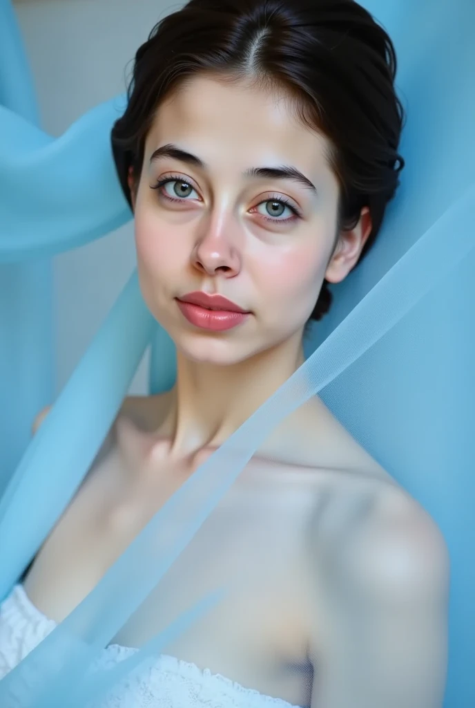a young female in front of blue wall, in the style of heatwave, transparent/translucent medium, contemporary vintage photography, lowbrow, poolcore, associated press photo, feminine body, (long shot)Photo taken from a distance, full body, completely naked, nude, barefoot, entire body visible, spread legs, smiles, horny