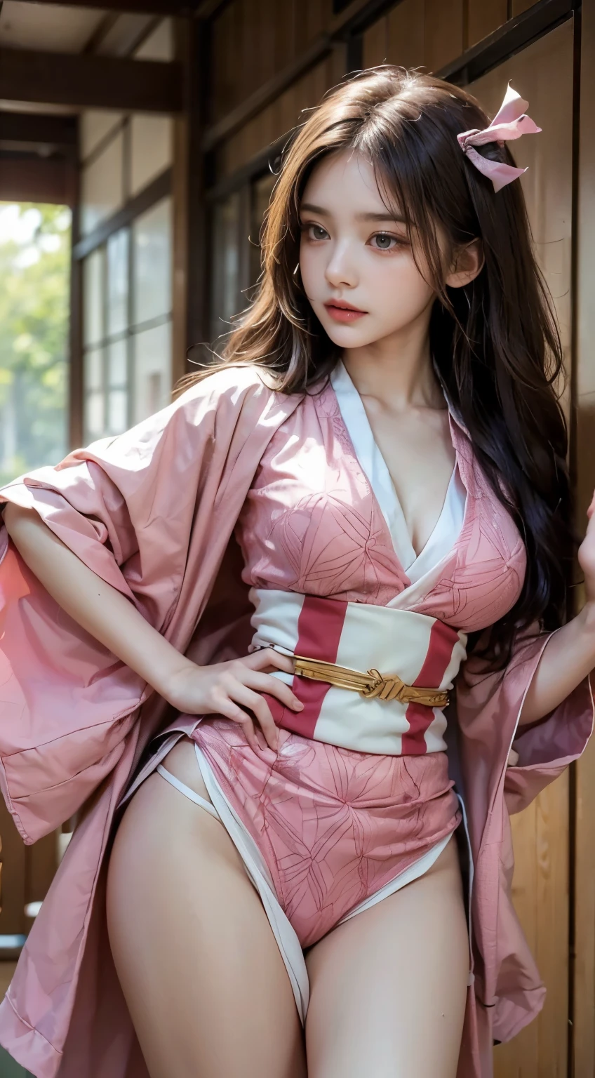 Masterpiece, Best Quality, High Resolution, Venus1, 1Girl, Solo, Tsuko Kamato, Bamboo, Gag, Hair (brown), Plaid Belt, Gag, Gag, Gradient Hair, Hair Ribbon, Haori, Japanese Clothing, Very Short Kimono, showing her underwear, big , Long Hair, Looking at the Audience, Multicolored Hair, Pink Eyes, Very Short Pink Kimono, showing her bra, Pink Ribbon, Ribbon, Solo, (((Masterpiece)), Forehead, standing posing infront of a burning house at night, with dark red clouds Cute puffing cheeks, seducing, Eyes wide, slim waist, sexy posing, slim tight,