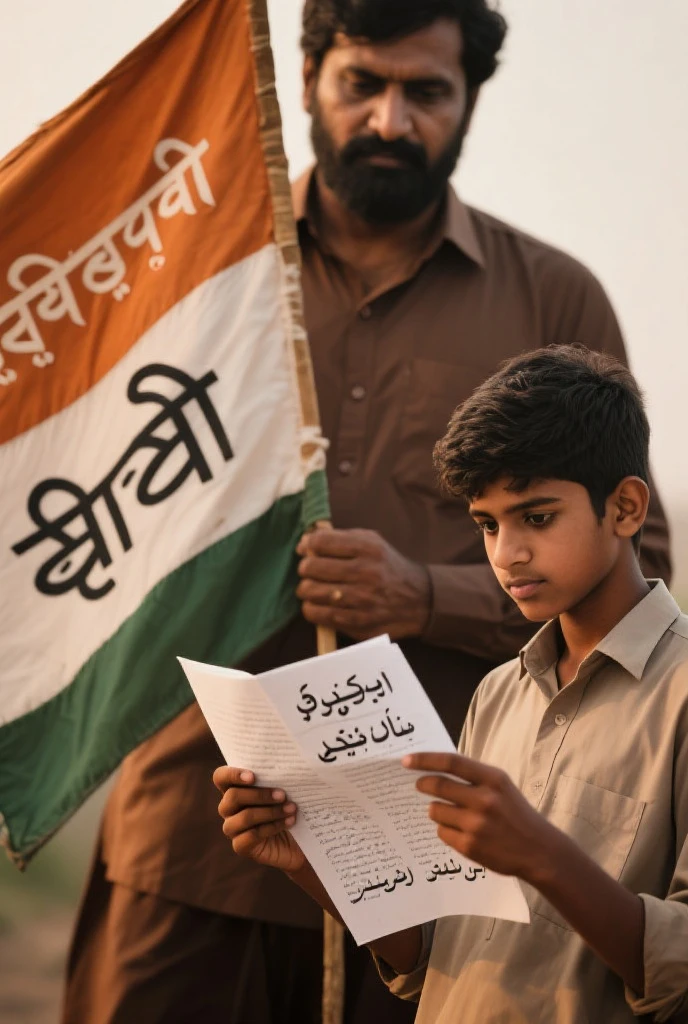 Make a meme Of indian men with A pakistani child with muslim dress saying Happy Independence to you abbu to Indian men with flag