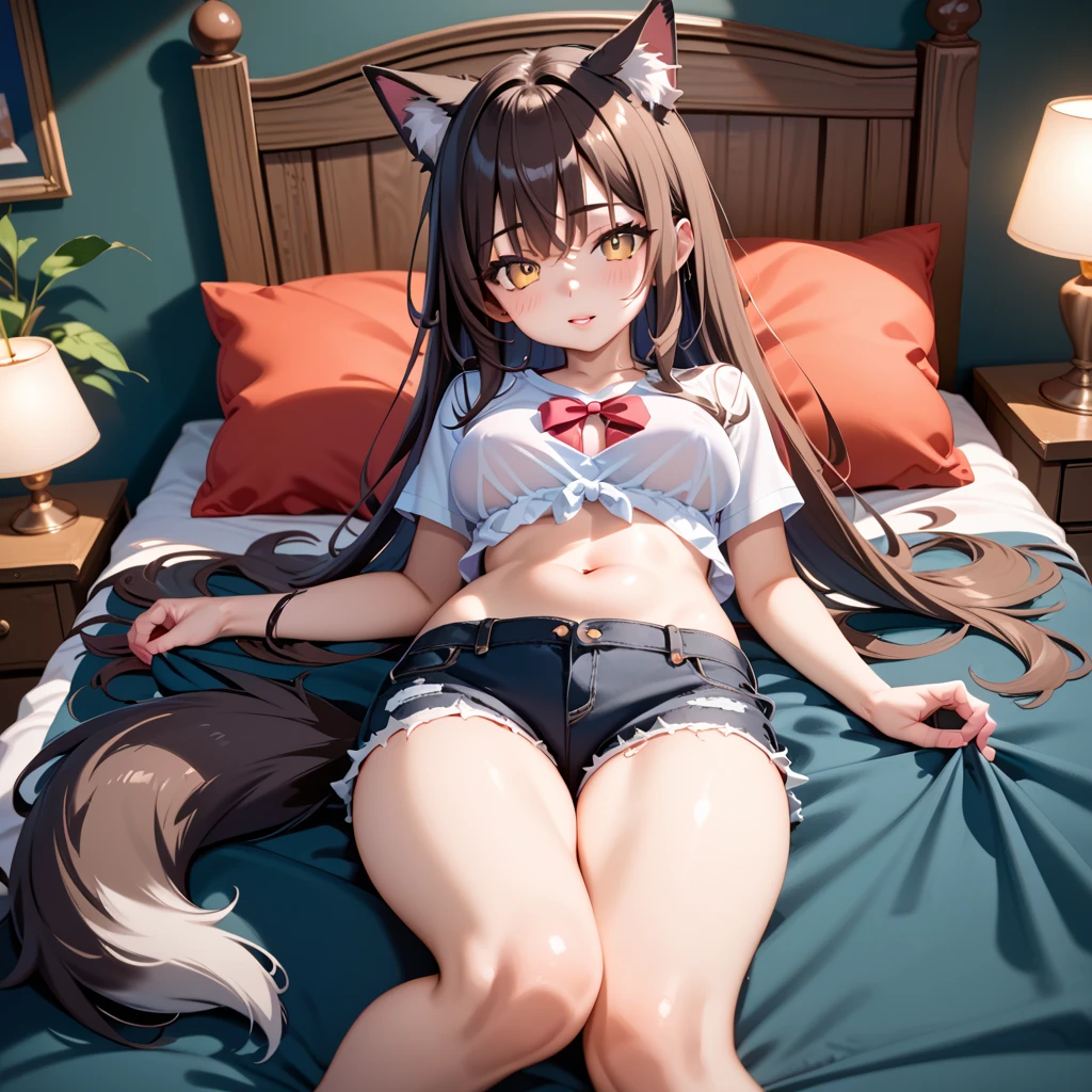 ((Top Quality,8k, 32k,Masterpice:1.2)), Little woman in underwear playing in bedroom, cat ears, grin