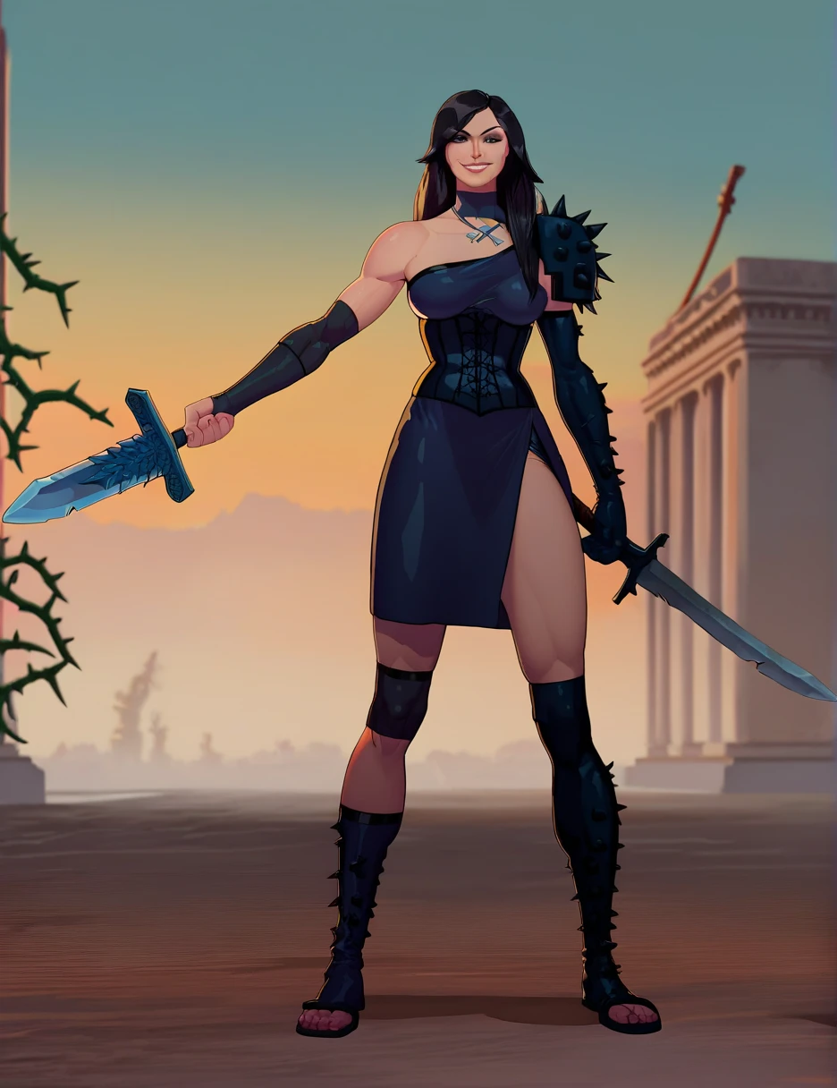 ((Full body photo)) ((Laura/woman, big breasts, {black+part gold+red parts/Spartan warrior costume/extremely short and tight on body}, {very white and pale skin}, lots of tattoos on body and face)), looking at the viewer with angry eyes, smile. Background macabre marble temple with cemetery attached and blood stains on the walls. ((She has {black mohawk hair}, {green eyes}, Spartan weapons)). God of War, high detail, anime, 16k, UHD, retina, retina, ccurate, anatomically correct, textured skin, super detail, high quality, award winning