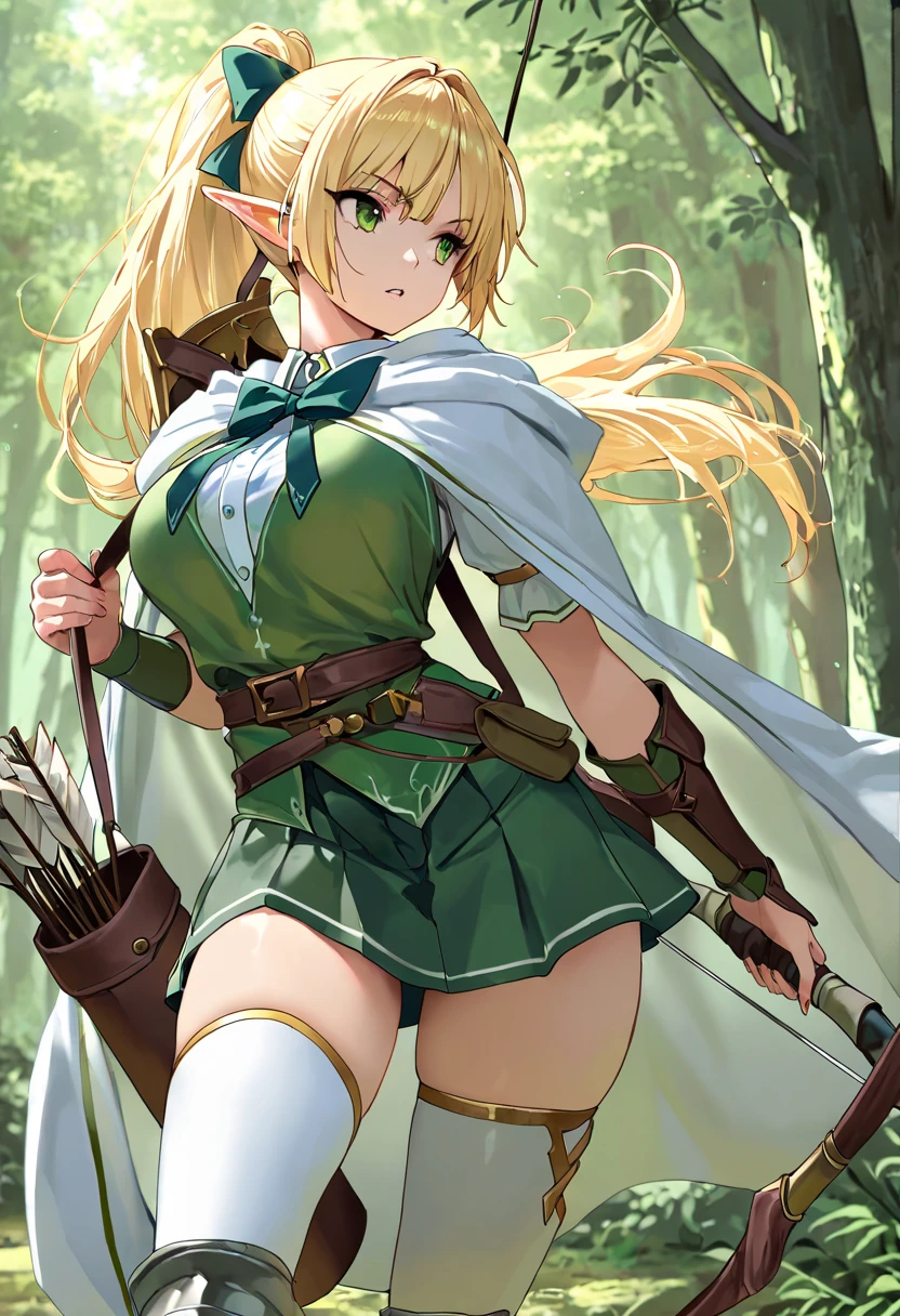 (masterpiece, Highest quality:1.2), One person, Arein, Fairy, Side braid, beret, Cape, skirt, Knee socks, Green shoes, Thigh-high boots, Elbow hand pockets, abdomen, Cleavage, Arein, Fairy, Side braid, Large Breasts, Blonde, blue eyes,Forest Background,Erect nipples,From below,ultra miniskirt,Micro Panties,Dynamic pose,Spread your legs