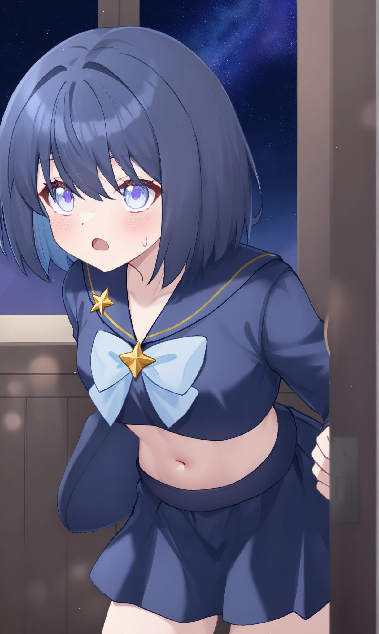 Young girl with blue hair,short straight hair and short bangs (purple eyes),, ((small bushy eyebrows)), wearing gothic ta clothing, loli, large breast, breasts out of blouse, walking to school, bored look, bored face, , lifting her skirt to show her vagina wet with semen, having sex
