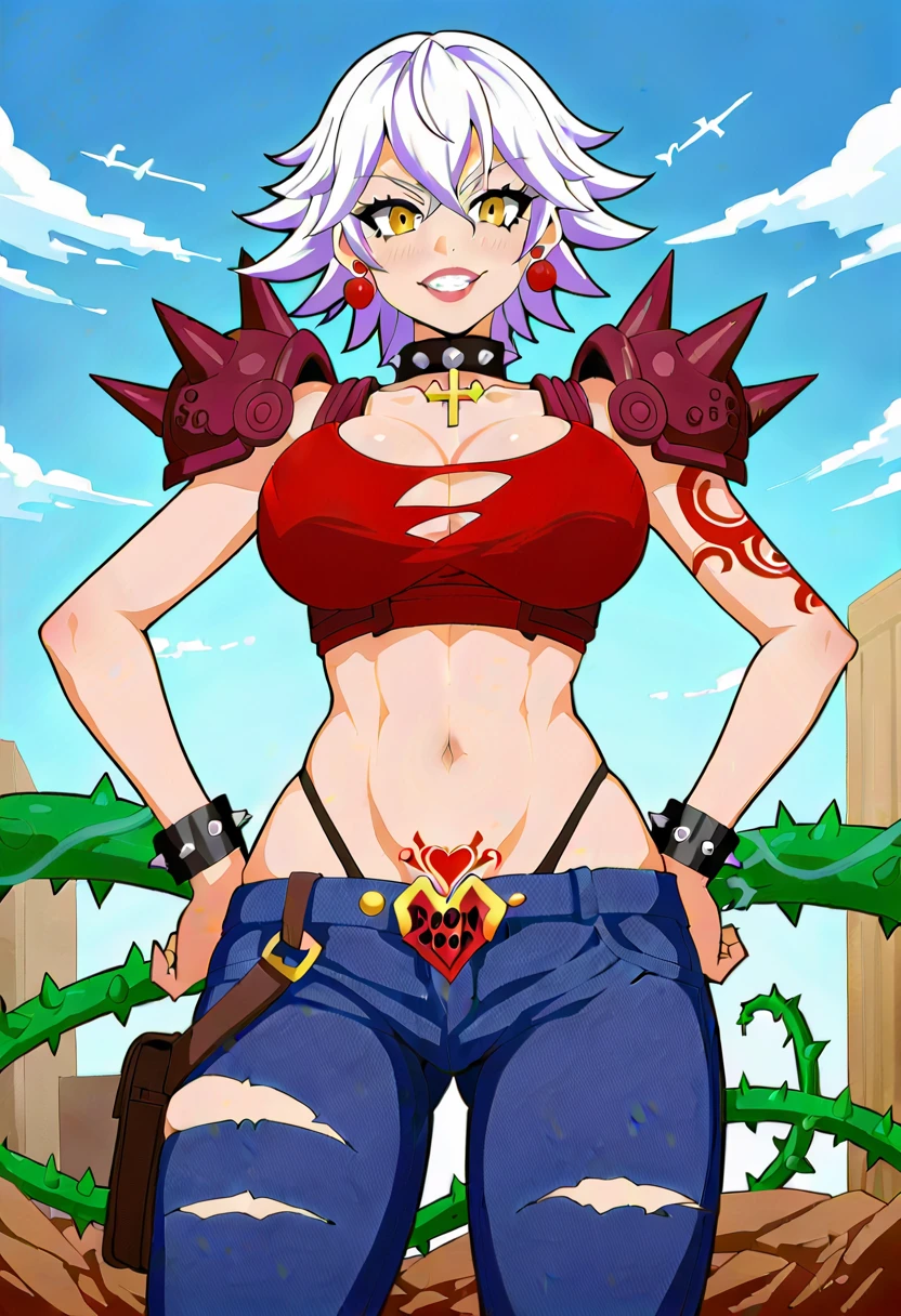 masterpiece,4K,best quality,absurdres, edg90hh, a dark-skinned girl in a crop top and a ((baseball cap)) , jeans, large breasts, ass, wearing edg90hh_clothing, remilia_scarlet_touhou, blue hair, bat wings, wings, curly hair, pink highlights, cornrows, hoop earrings,, LowriseXL, LowwaistXL, v-shaped eyebrows, pink eyes, evil grin,