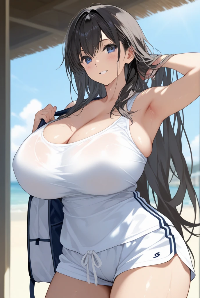 Masterpiece, best quality, beautiful girl, beautiful face, sea, black hair, white shirt, pants, big breasts,