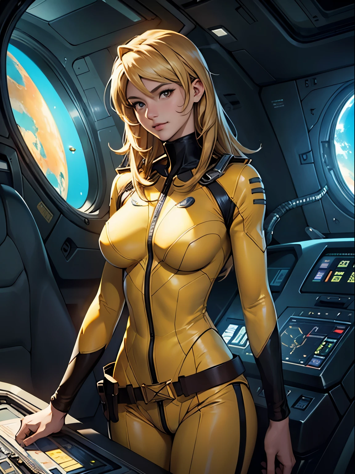 Mature Woman, Woman in a futuristic suit, highly Detailed face, Nice, Mother, (Mature Woman), Adult face, (Mature Woman), Cyber Suit, Anime girl in a tight suit, Milfication, Elegant body, Focus on the navel, nude, gloves, Earrings, sf, Female protagonist, Volumetric Light, Detailed lighting, Detailed Texture, BoobsCyberpunk, Biomechanical , masterpiece, (Top quality eyes), Detailed face, sfの背景, Futuristic landscape, (((Yellow bodysuit))), (Chuby), (((High quality face))), (((High resolution face)))、White suit