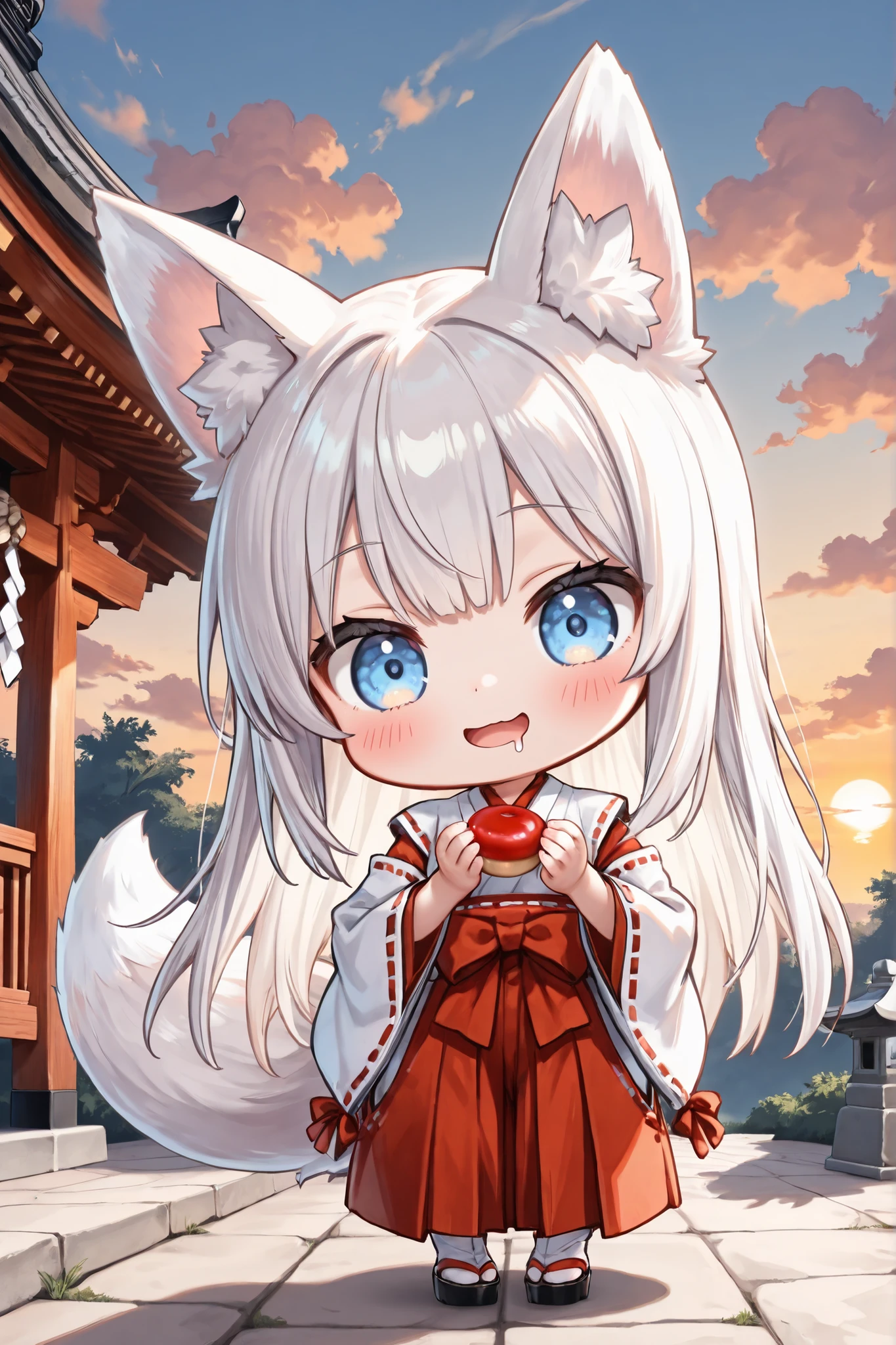 ((Masterpiece)),((best quality)),((incredibly absurdres)),((8K)),(semi realistic),
1 (chibi girl) ,(anime chibi),solo,minigirl,white hair,long hair,straight hair,blue eyes,baby face,cute,kawaii,(white fox ears),(white fox tail),big eyes,
(miko),Maiden miko outfit,wide sleeves,
(innocent smile),open mouth-wide,blush,enjoy,
Playing castanets,drooling,
outdoors,shrine,sky,cloud,sunset,Soft sunset light,
full body,