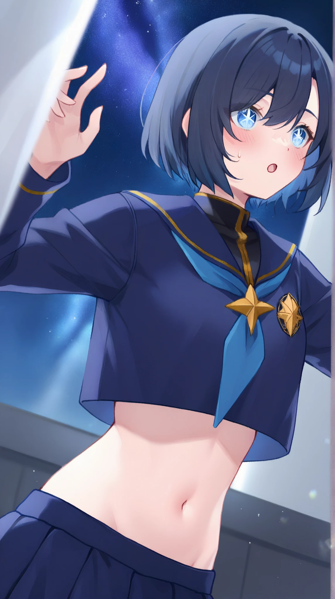 1girl,mature female,solo,tiny  breasts,blue hair,medium hair,short bangs, water blue eyes, shy expression,(Star Pendant Necklace), Cute blue croptop, mini skirt, Cute light blue panties, large stockings, in your room,Tight clothes, colorful, interesting perspective, golden proportion, aurea proportion, Blushed,flat tummy,interesting pose, unique art, detailed body