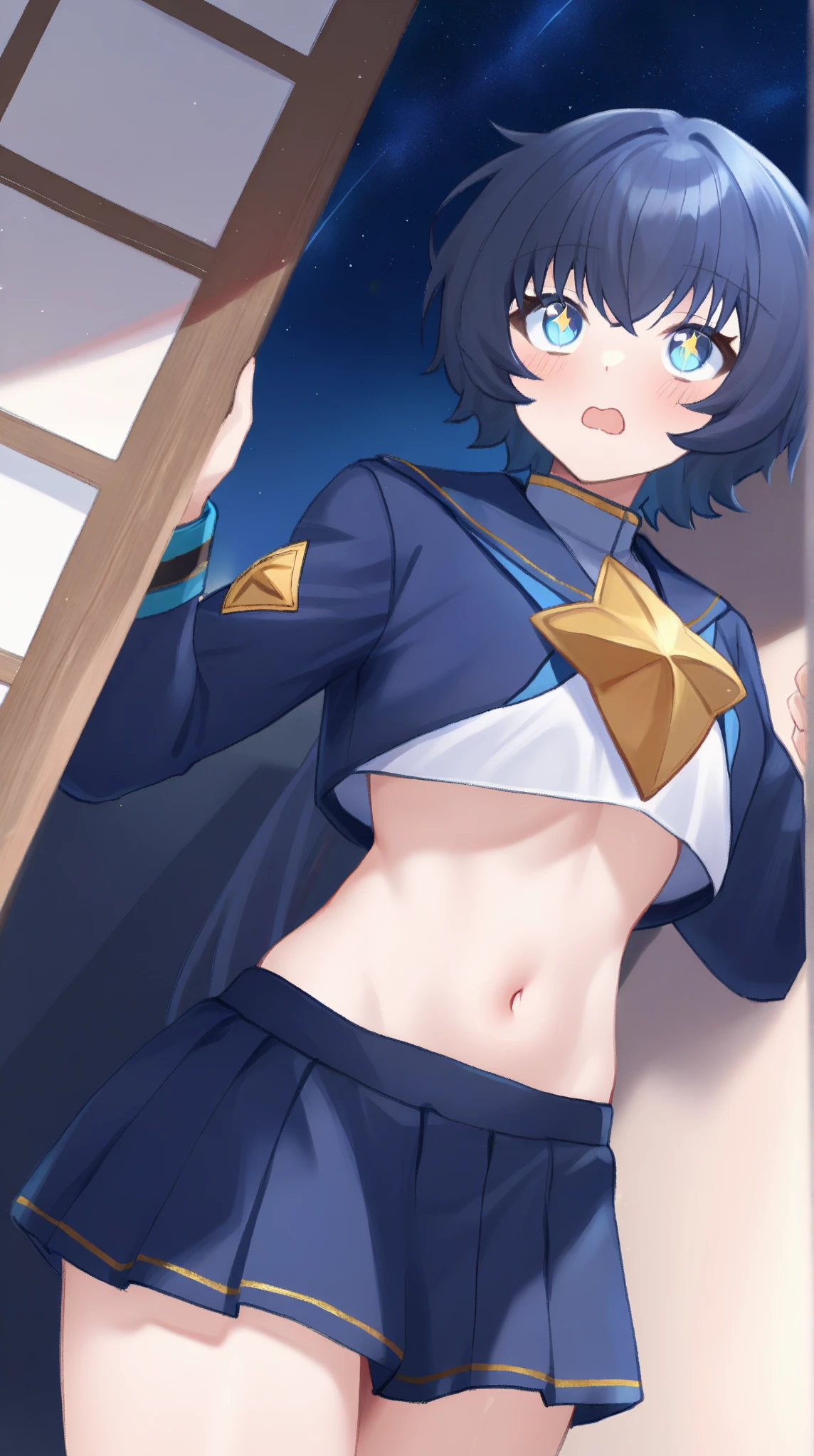 masterpiece, (Perfect ???????:1.5), highest quality, high resolution, exquisite detail, 1 lady , slender, leggy, Seductive, Perfect hands, Perfect body, (wear a white long sleeved shirt, tie, navy officer winter jacket:1.5), white ?????? pantie , barefoot, lying on back, ((((hip lift)))), looking away, parted lips, belly button , Very finely crafted fingers, full body showcase, no background, No logo