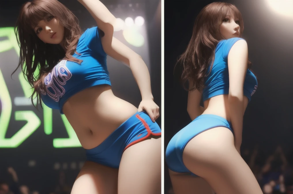 UHD, retina, masterpiece, anatomically correct, super detail, best quality, 4K ,wide shot,ground shot,beautiful girl,random hair color,random breast size,random,wear color,fullbody,on all fours, top-down bottom-up,split leg forward bend, frill-type-bikini, fashion show, on stage