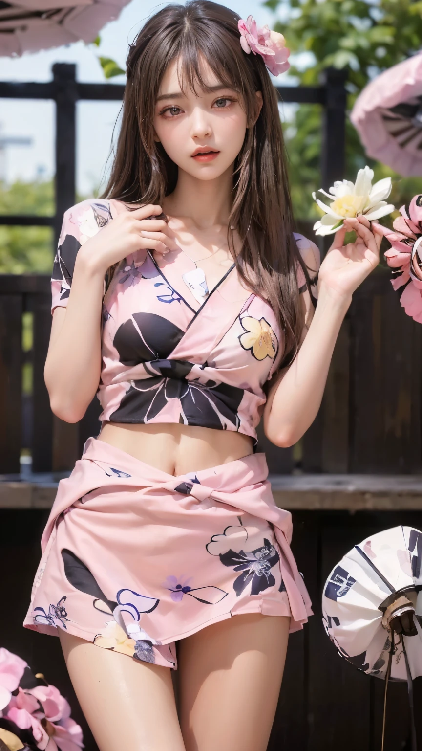 WHAT,bow, (best quality, masterpiece:1.2), tianfeng1, Extremely detailed, (Practical:1.37), beautiful, youth, Charming female model, sweet smile, Sweetheart girl, Warm colors, ((Full body view,Skin is firm and smooth)), ((Random scenes,Random shooting angles)), ((Elegant and natural gesture)), (big eyes, Exquisite eyes, Delicate lips, Exquisite eyes), Available in white and floral pattern, Show a bright smile, fit, Full breasts, ((Large Breasts)), Long legs, Create a stunning photo of a girl
