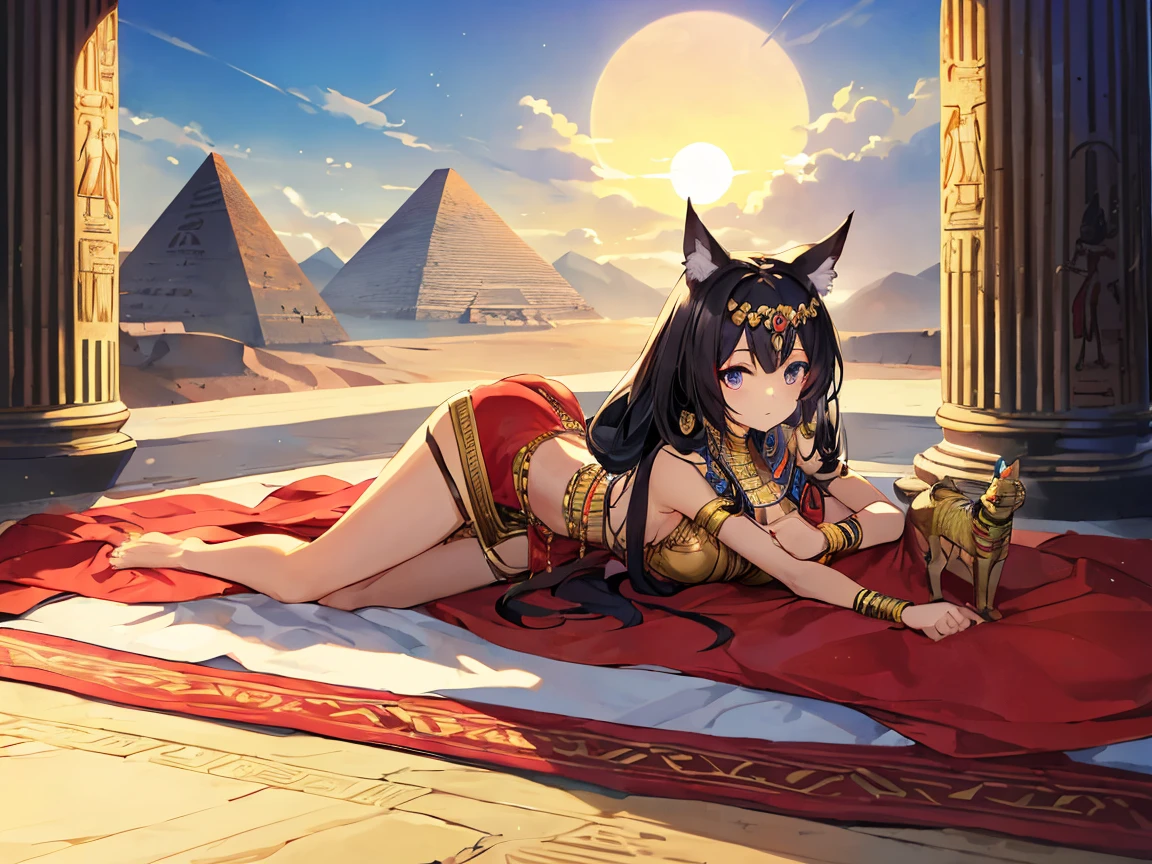 A cute anime-style girl in an Egyptian-inspired outfit sitting under a tree, adorned with colorful jewels and accessories, exuding elegance and charm. The focus is on her face, with a beautiful background, suitable for a mobile wallpaper in the anime style