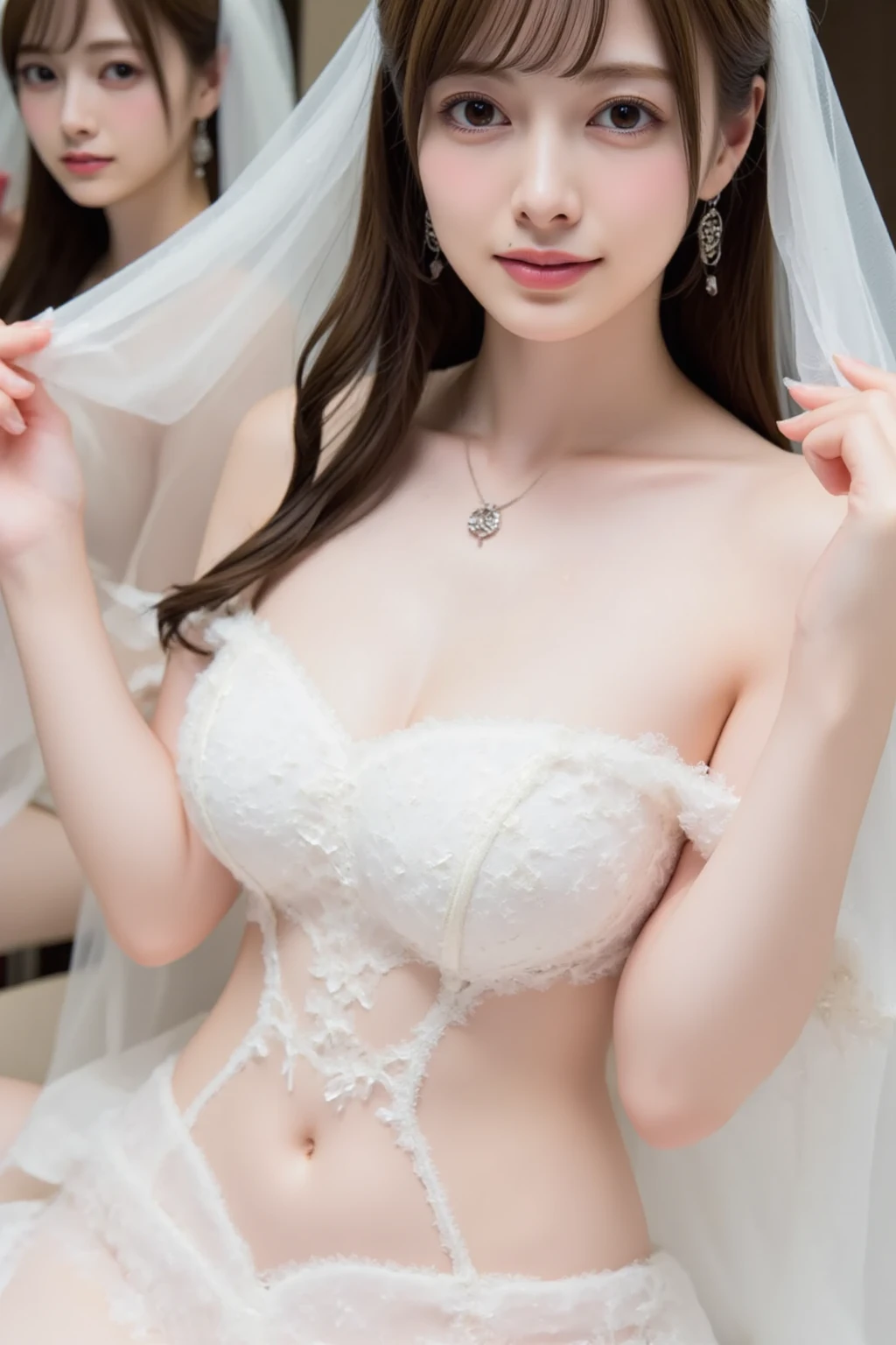In a hotel room, Age 25, On the bed, ((Dorsal position、Please raise your hips、put in、Deep joy、Severe pain、Ecstatic Eyes:1.2）,despair, ((Close one eye、Taking a deep breath:1.2))、Ecstatic face、Natural Makeup, Climax expression、look up、Staring at the ceiling、Endure:1.5)), Through clenched teeth、The whole body is projected,Gurwitz, (Bridal Veil:1.5），（transparent short veil：1.5），blush，eye shadow，Blushing，Flower head,（Tube Top Wedding Dresses：1.5），（Silk dress：1.2）,（Strapless Wedding Dress：1.5）,Pure white dress，necklace，Earrings, Medium chest:1.3)，bangs，lipstick，（White long elbow gloves：1.4）,Full Body Shot,High definition RAW color art,White long skirt， The cutest gravure idol pose in the world、Perfect Proportions、cute、((1 female:1.2))、Young and adorable Japanese face，Big cleavage、Spread your legs wide, Beautiful pubic hair, Thighs Thighs Thighs Thighs、Official Art，Highly detailed CG Unity 8k wallpaper, (masterpiece:1.0),(Highest quality:1.0), photo shoot, 8k, Browsing Caution, High resolution, Kodak Portrait 400, Film Grain, Lens flare brilliance,View your viewers