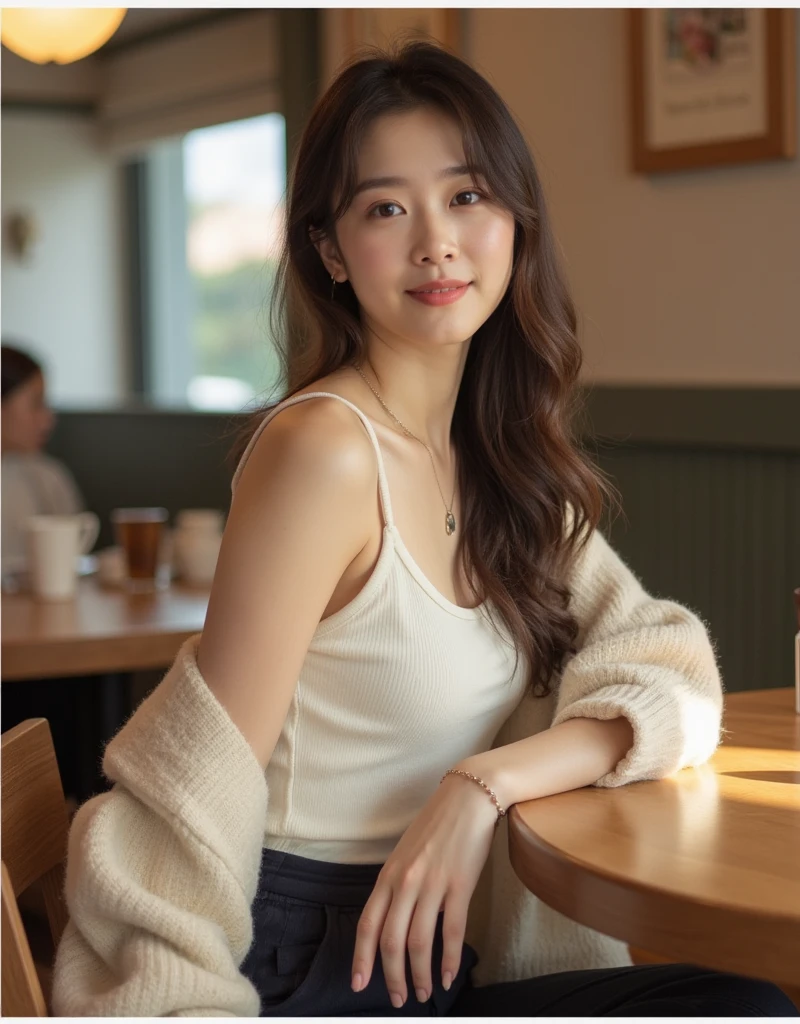 A beautiful Japanese woman in her early 20s with long straight hair、Sleeveless with arms sticking out of the cardigan、I'm meeting you at the cafe.、Sitting in a chair、live-action、