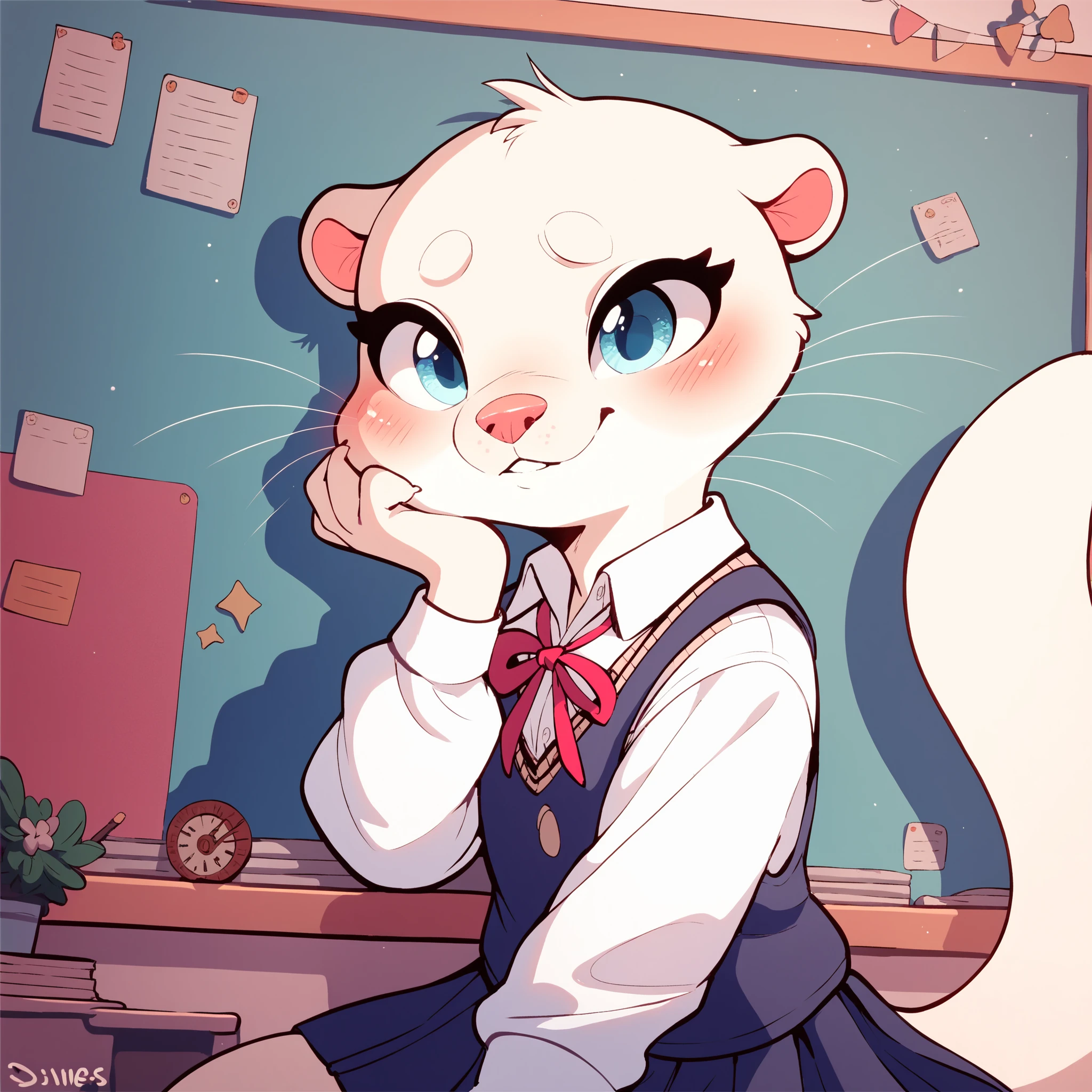 albino otter, White otter, pink nose, light blue eyes, school uniform , blush, look at the spectator , Smiles, Interiors, alone, by diives