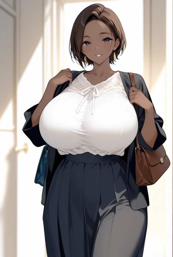 (8k ultra HD quality, best quality, art, high quality, perfect light, absurd, ultra detailed: 1.21, woman, alone, dark-skinned woman, black hair, dark skin, big breasts, sexy, Japanese school costume, portrait, black knee-high socks, sexy student, parted lips, dark eyes, looking at viewer, Japan street background, huge breasts, small sample, sexy, olive skin, dark skin, holding breasts, wallpaper, short skirt, high school girl sexy.