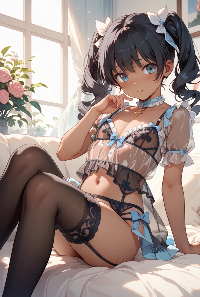 (((nsfw:1.3))),(((Panties with strings that cut into the genitals:1.3))),((looking pussy panties:1.3)),((high quality pussy)),(open chest:1.3),((very flat chest :1.3)),((open design skirt:1.3)),((bridal garter)),highest quality, masterpiece, long eyelashes, Sparkling輝く目, Dresses with ruffles and ribbons, Eat cake in a café, Sparkling, Cat ear, flower hair ornament,