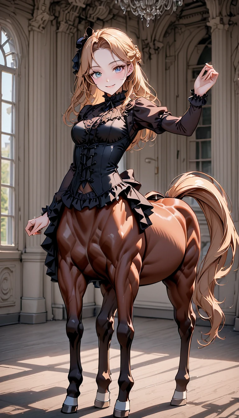 by metal owl, by lindaroze, by sinensian, by etheross, by imaani, by blacksaikou, by rajii, by z-ton, (((SHARP detail perfect face))), (perfect hips), detailed skin, ((masterpiece)), best quality, (SHARP details), 4k, sweat, green eyes, looking at viewer, solo, ((asymmetric hair)), female ((centaur)), perfect (big breasts), (long elegant hair), cleavage, detailed background, fantasy village, ((solo)), good anatomy, (outdoors), (voluptuous), gorgeous, 8k, (big ass), raytracing, atmospheric lighting, blonde hair, (wearing adventurer clothes), centaur horse ears,