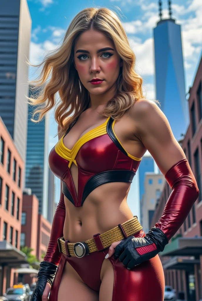Homelander female version (El patriota), The Boys, classic outfit, capa de bandera USA, guantes rojos adornados, botas rojas adornadas, cuerpo muy delgado, skynny body, small and beautiful buttocks, abdomen tonificado, beautiful and perfect small breasts,piernas hermosas, intelligent, poder resplandeciente, obscena, super powerful, sensual, en el fondo se observa la ciudad de Nueva York, ojos laser, classic hairstyle,Hair dyed in bright blonde color, Best quality,8K,A high resolution,Masterpiece,Ultra detailed,Realistic, Photorealistic,photo realistic