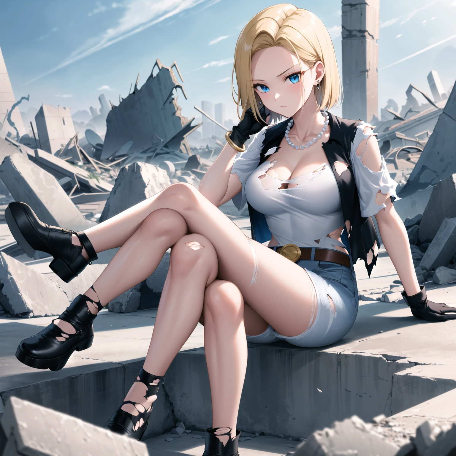 best quality, highres, and18, 1girl, android 18, solo, blonde hair, blue eyes, belt, jeans, pearl_necklace, bracelet, black gloves, white shirt, short hair, short sleeves, earrings, blue pants, open vest, black vest, large breasts, (ruins:1.3), (torn clothes:1.5), sitting, expressionless, crossed legs,