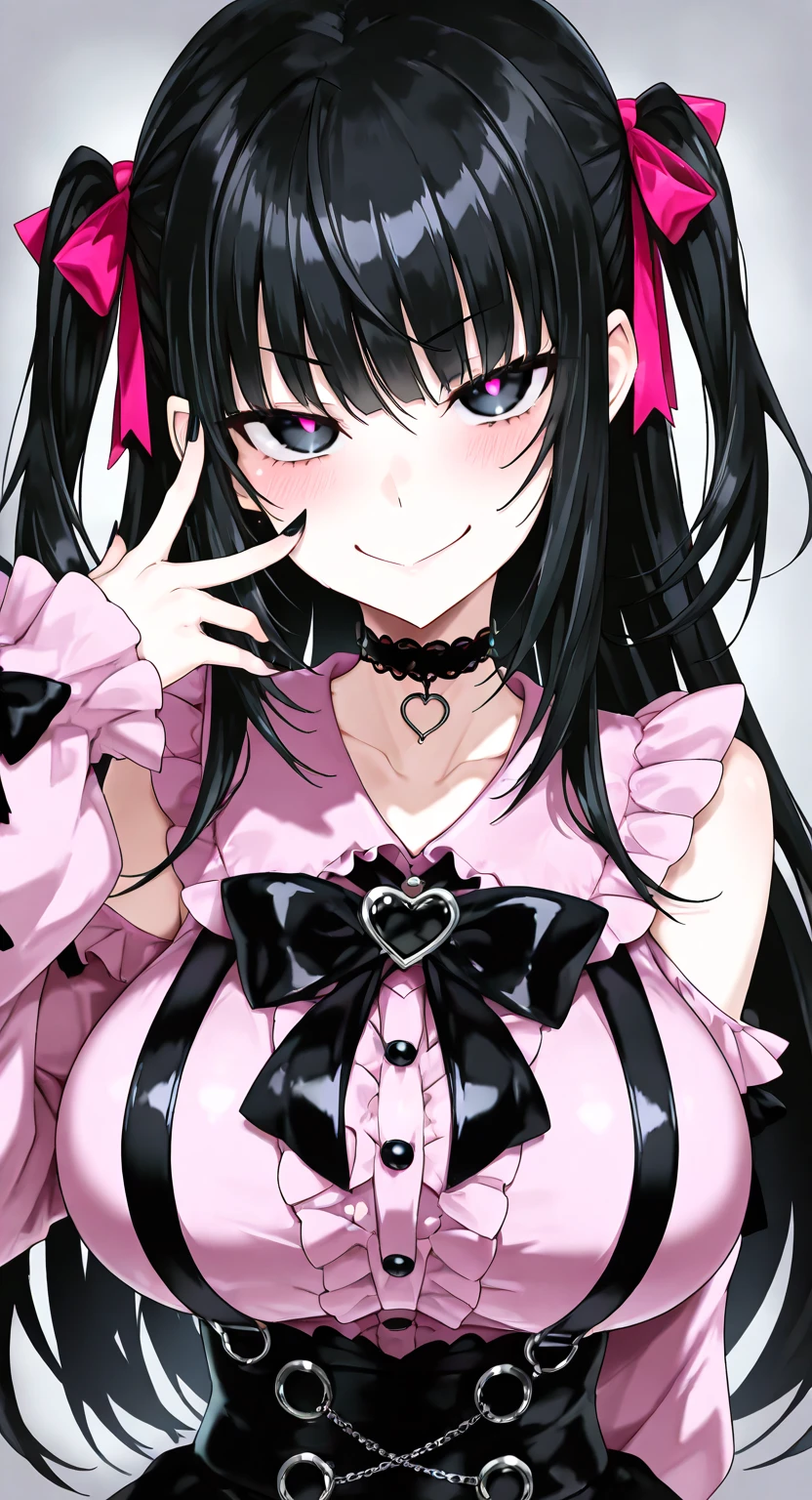 1girl, black hair, fangs, floating hair, long hair, looking at viewer, open mouth, pink background, pink eyes, pink theme, solo, symbol-shaped pupils, teeth, tongue, tongue out