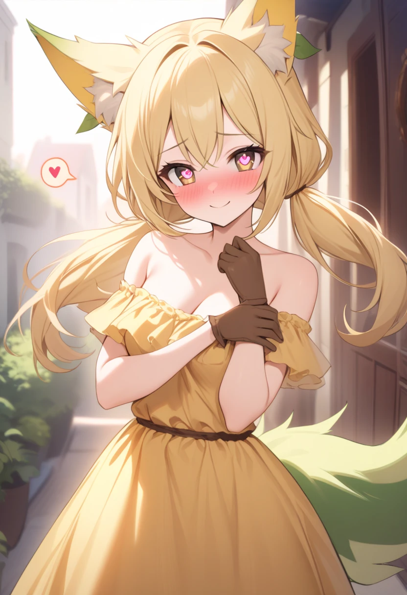 1girl with long blonde hair, green eyes, floppy dog ears, dog tail, blush, golden dress with open shoulders, holding small notebook, rich living room, small breasts