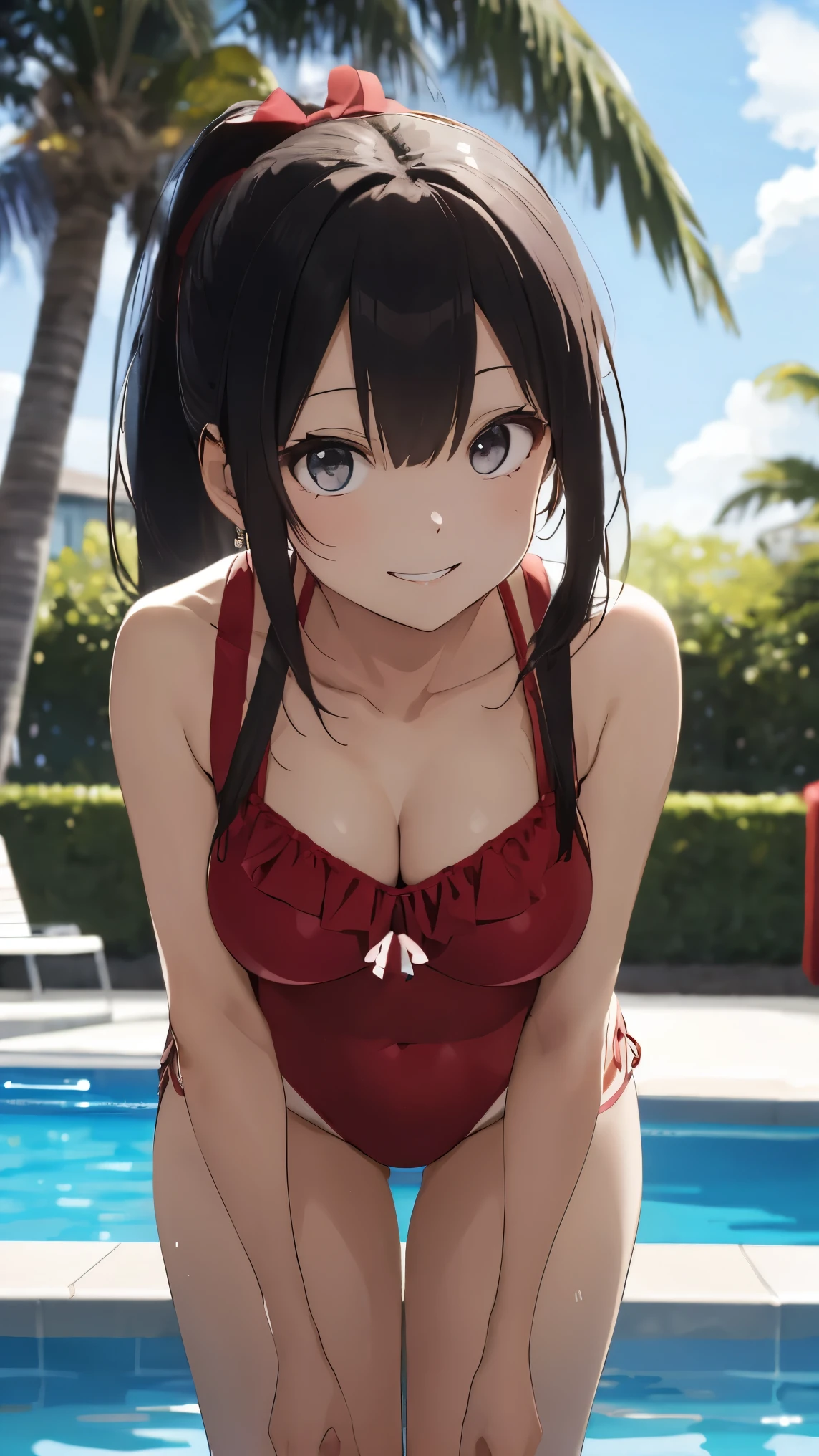 1girl,alone,kaguya shinomiya,best quality (masterpiece: 1.2),detailed,closed mouth,light smile, black hair, red eyes, red bikini, red bra, red thong, sitting in the sand, legs open, good lighting, evening, sunny, short hair, folded ponytail, hair ribbon, red ribbon, medium breasts, medium waist, wide hips, medium thighs, round butt, facing the viewer, pov (from above), (( body complete)), perfect anatomy, perfect hands