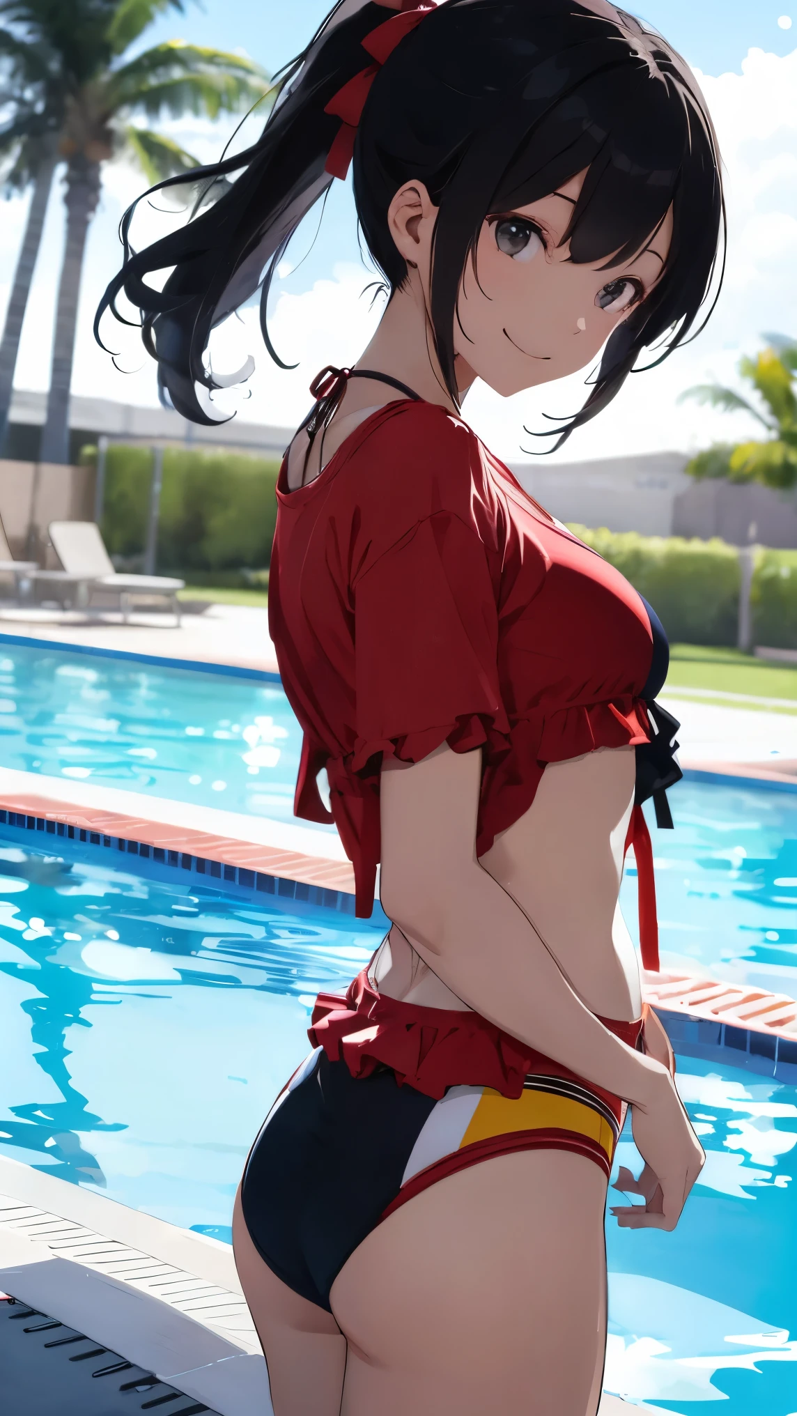 best quality, 1girl, masterpiece ultra detailed, illustration, yang guifei, glossy lips, blush, lips parted, short hair, standing, from behind, (bikini with microskirt), pool