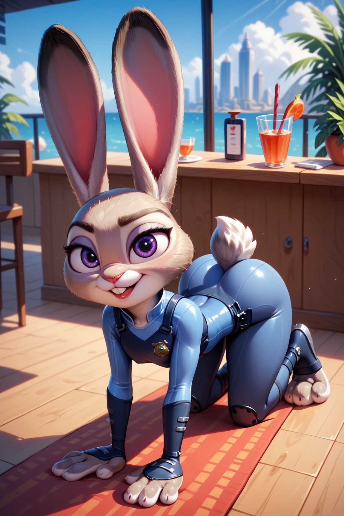 best quality, masterpiece, 3D anime, ((solo)), ((1girl)), ((Face is JudyHopps)), (long ears like a rabbit:0.8), Body is human lady, two-piece suit, bikini outfit, clothes color is {blue, red, yellow, green, white, black}, ((skin is fluffy and fluffy)), back view, emphasize hip