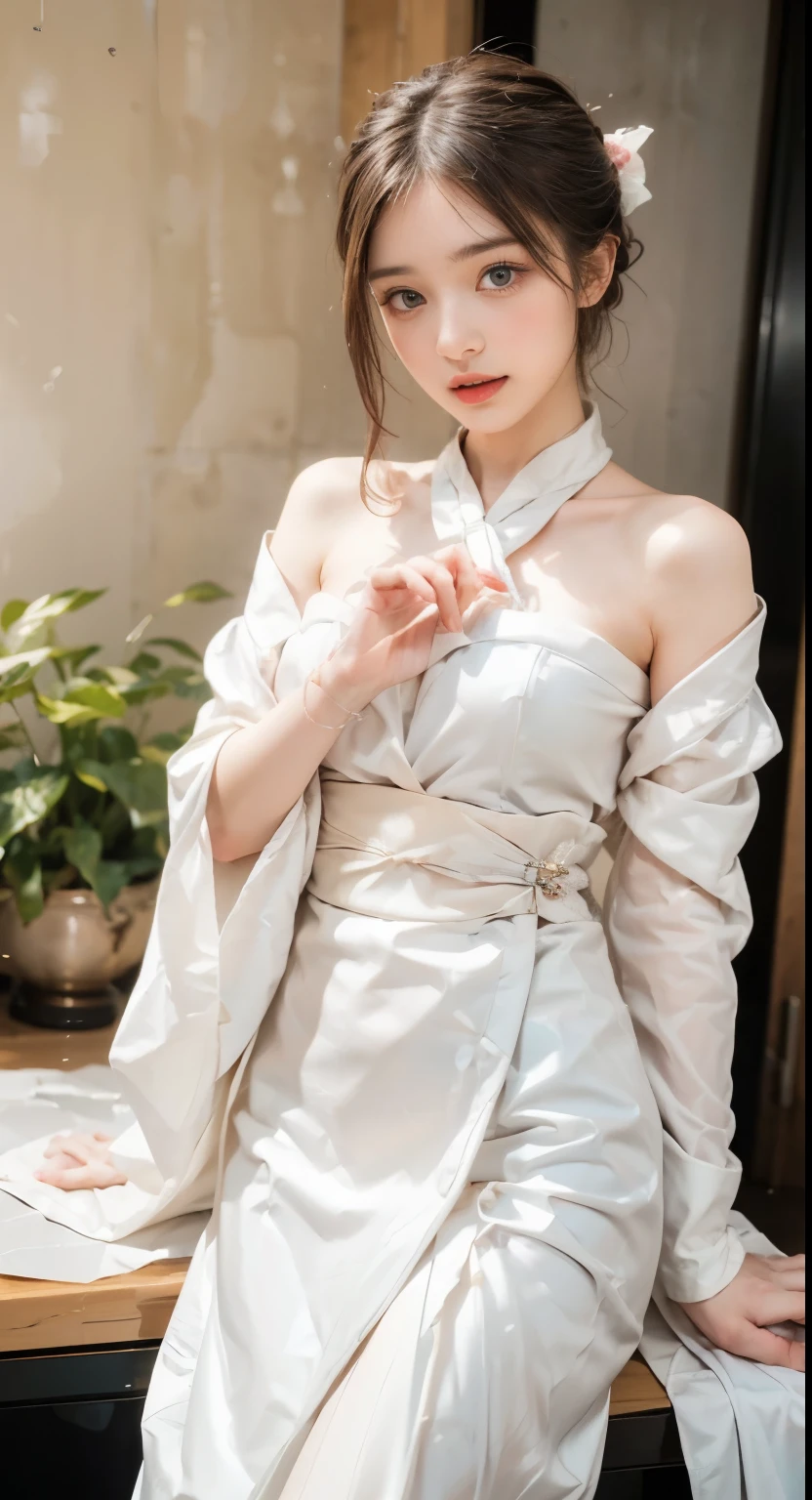 hanfu-song, hanfu, song theme, bandeau, tube top, ((cowboy shot)), ((from below)), ((are shoulders)), ((Very short hemline)), ((Leaking sexy legs)), ((Big breasts, big , cleavage)), silky straight hair、Big eyes with bangs and eyeliner、Get wet all over your body、Nordic youth、perfect body figure、Very beautiful and lovely、White muscle、Glossy glossy skin、Young and beautiful skin、Perfect and beautiful little face、Shine makeup、Thin pink lip gloss expression、1 15-year-old girl、lipsticks、Deceptive advertising、{steamy}、Audience view、Primetime lights、Bokeh atmosphere perspective、Details、cinematic lighitnglamplight、Complicated details、A high resolution、 Detailed features of the facial design、high detal、Clear focus、Smoothness、aesthetics、print、octanerender、masterpiece