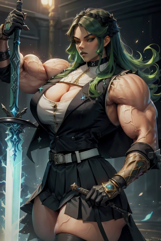 ((((Massive, tall, beautiful, buff, muscular light brown skinned female knight with Green hair, black lipstick, ginormous bulky muscles, holding a Zweihänder and wearing an all green gleaming knight armor with hauberk and pants)))), (close view), black eyeliner, massive muscles, massive biceps, hyper muscle triceps, (curvy long hair), orange eyes, knight boots, In a castle, hauberk, steel knight armor, armor breastplate, nighttime, confident smile, (hyper muscles arms), hyper muscle legs, (ginormous arms))