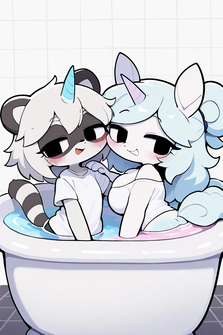 female furry anthro panda girl with short black hair green eyes small breasts smiling mouth spread legs kissing bunny girls with spread legs extra fluffy body in dorm room shower