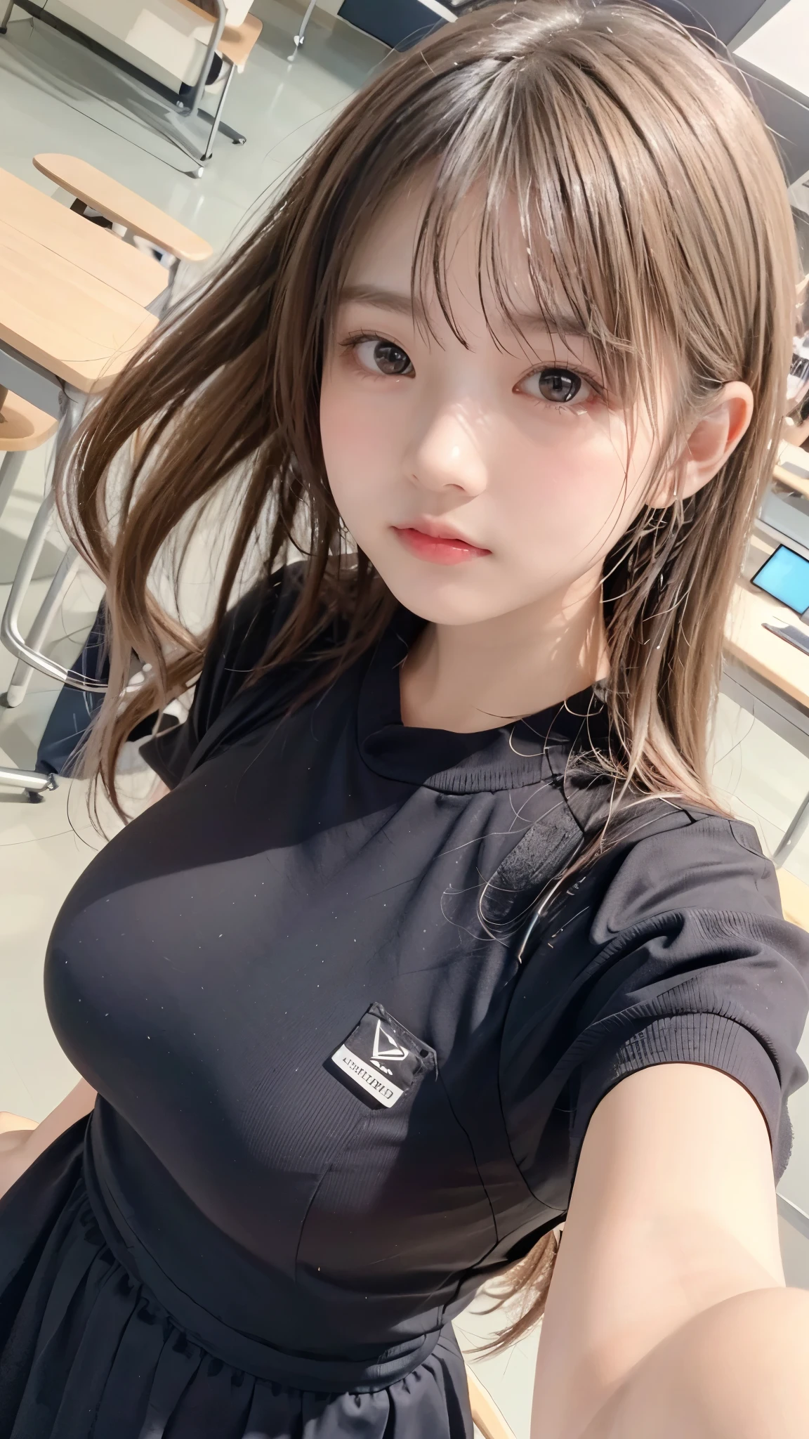 blond hair、 stylish hair 、( Accentuated Big Breasts 、Breast bag)、slender body line、tight waist、beautiful small face、Large, symmetrical eyes、High nose、Moisturizing Lips、Highest Quality、8K、 RAW photos 、reality、ultra high definition、(detailed eyes and faces between desks:1.2、professional photography techniques)、looks at the viewer、naughty smile