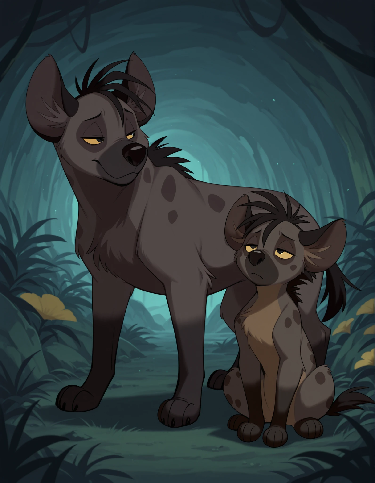 Shenzi, Yellow sclers, furry, feral, hyena, black hair, short hair, back mane, dark-grey inner ear fluff, yellow sclera, black eyes, black nose, dark-grey body, dark-grey fur, dark-brown body, dark-brown fur, two tone body, two tone fur, dark-grey spots, short tail, black tail,, narrowed eyes, green cave