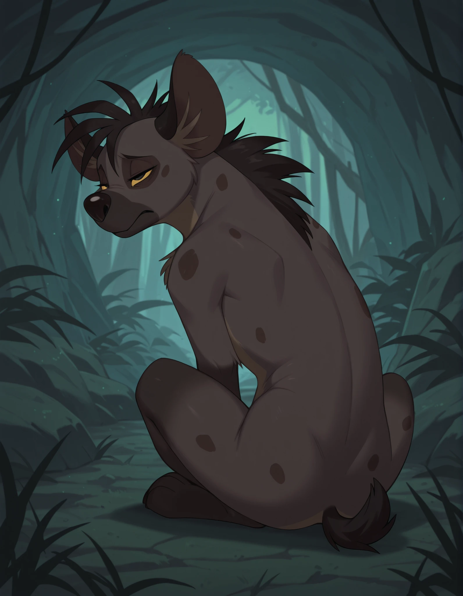 solo, Shenzi, Yellow sclers, furry, feral, solo hyena, black hair, short hair, back mane, dark-grey inner ear fluff, yellow sclera, black eyes, black nose, dark-grey body, dark-grey fur, dark-brown body, dark-brown fur, two tone body, two tone fur, dark-grey spots, short tail, black tail,, narrowed eyes, green cave