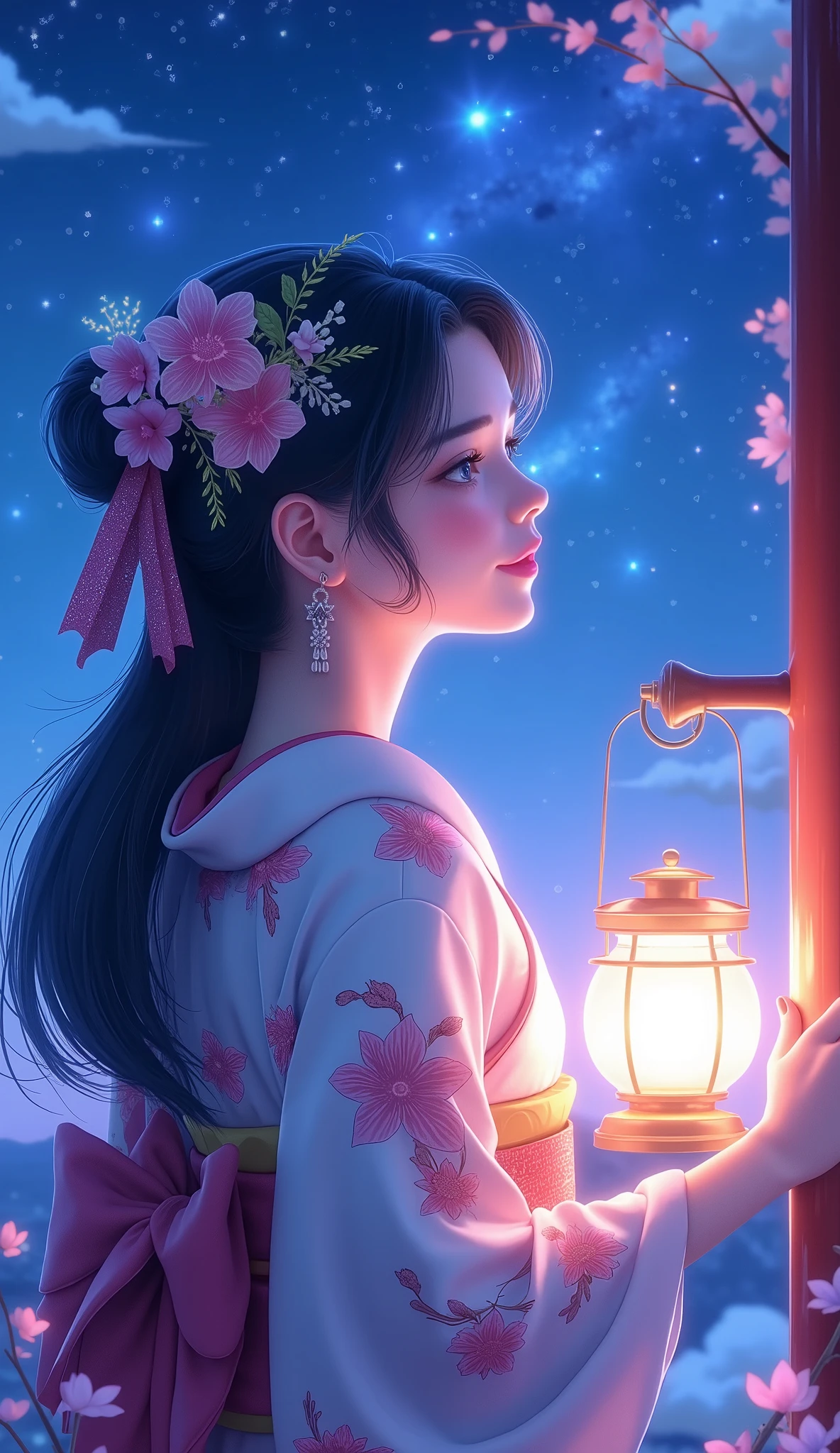 Milky Way Galaxy View and Night Sky 、Uma mulher、cabelo liso、 beautiful and shiny hair、pacote、wool、detailed eyes and face、、soft lighting、Unified 8K CG High Resolution Wallpaper、intricate details、retrato、looking at the stars、sozinho、meio tiro、Delicate face、soft smile during household chores、 Classical period 、(Ancient Japan intricate :1.1)、Japanese mythology、kimono with pink flower pattern、 tema antigo 、(thriving civilization:)、fundo lua、( branco puro :black bra 、vermelho)torii、 Japanese landscape 、  ancient city in the background  、  lanterna、night stars、  retratos 。