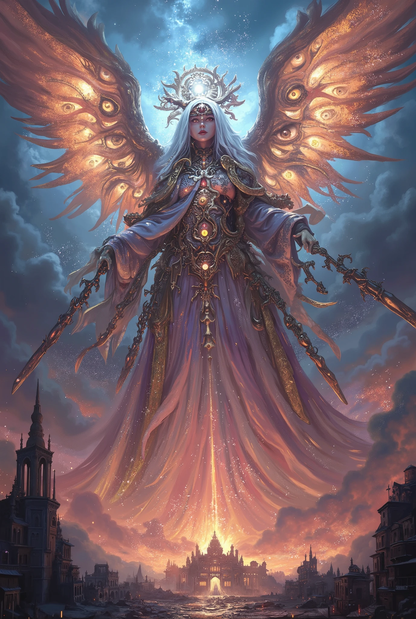 A final boss in the form of a divine goddess of light and ruin, standing tall within a radiant void temple, her appearance both beautiful and terrifying — a towering figure cloaked in flowing celestial robes made of starlight and prayer scrolls, her face expressionless behind a golden mask of serenity, countless eyes glowing from within her veil, her many arms holding divine relics and cursed weapons, her long hair flowing upward like rising flame, massive lotus wings unfurling behind her, hovering above a broken altar of forgotten gods, the sky around her split between pure light and searing chaos, souls drifting like snowflakes, inspired by Jun Suemi and Greg Rutkowski, painterly and gothic Japanese fantasy, ultra-detailed divine horror, neon colored