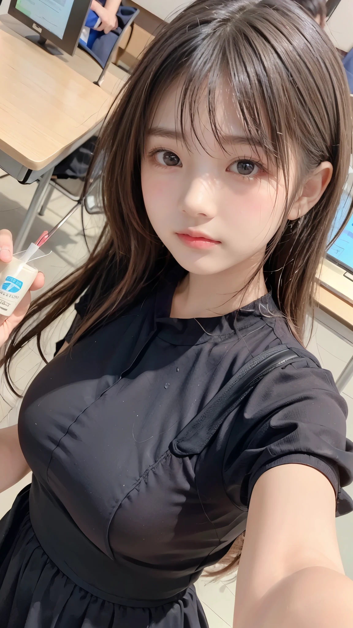 blond hair、 stylish hair 、(Large breasts accentuated by straps、Paisura、Breast bag)、shoulder bag、slender body line、tight waist、beautiful small face、Large, symmetrical eyes、High nose、Moisturizing Lips、Highest Quality、8K、 RAW photos 、reality、ultra high definition、(detailed eyes and faces between desks:1.2、professional photography techniques)、looks at the viewer、naughty smile