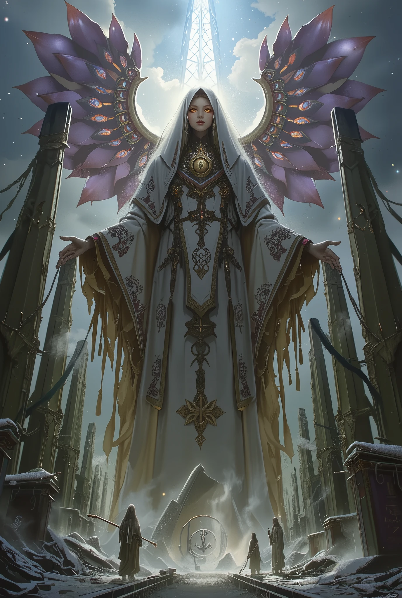 A final boss in the form of a divine goddess of light and ruin, standing tall within a radiant void temple, her appearance both beautiful and terrifying — a towering figure cloaked in flowing celestial robes made of starlight and prayer scrolls, her face expressionless behind a golden mask of serenity, countless eyes glowing from within her veil, her many arms holding divine relics and cursed weapons, her long hair flowing upward like rising flame, massive lotus wings unfurling behind her, hovering above a broken altar of forgotten gods, the sky around her split between pure light and searing chaos, souls drifting like snowflakes, inspired by Jun Suemi and Greg Rutkowski, painterly and gothic Japanese fantasy, ultra-detailed divine horror, neon colored