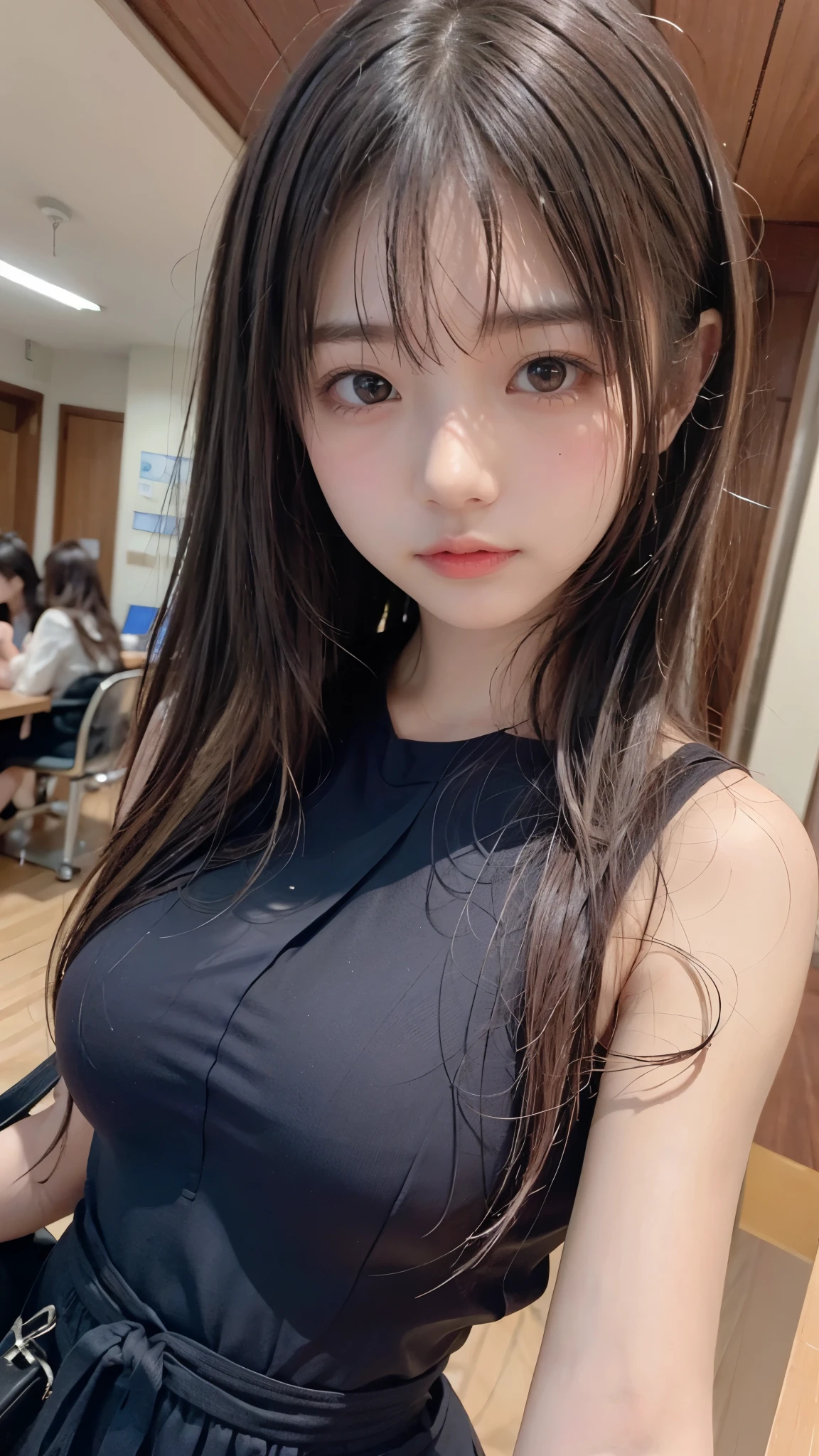 blond hair、 stylish hair 、(Large breasts accentuated by straps、Paisura、Breast bag)、shoulder bag、slender body line、tight waist、beautiful small face、Large, symmetrical eyes、High nose、Moisturizing Lips、Highest Quality、8K、 RAW photos 、reality、ultra high definition、(detailed eyes and faces between desks:1.2、professional photography techniques)、looks at the viewer、naughty smile