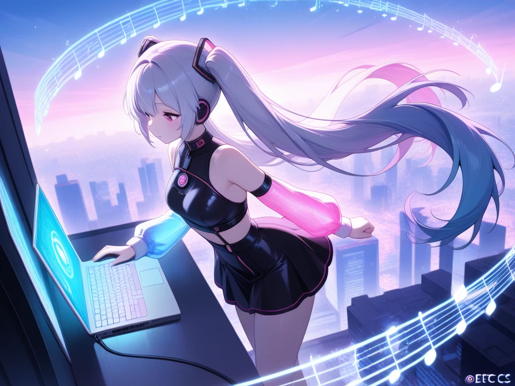 The young DJ energetically adjusts the console as musical notes float and swirl around her in a vibrant cityscape.