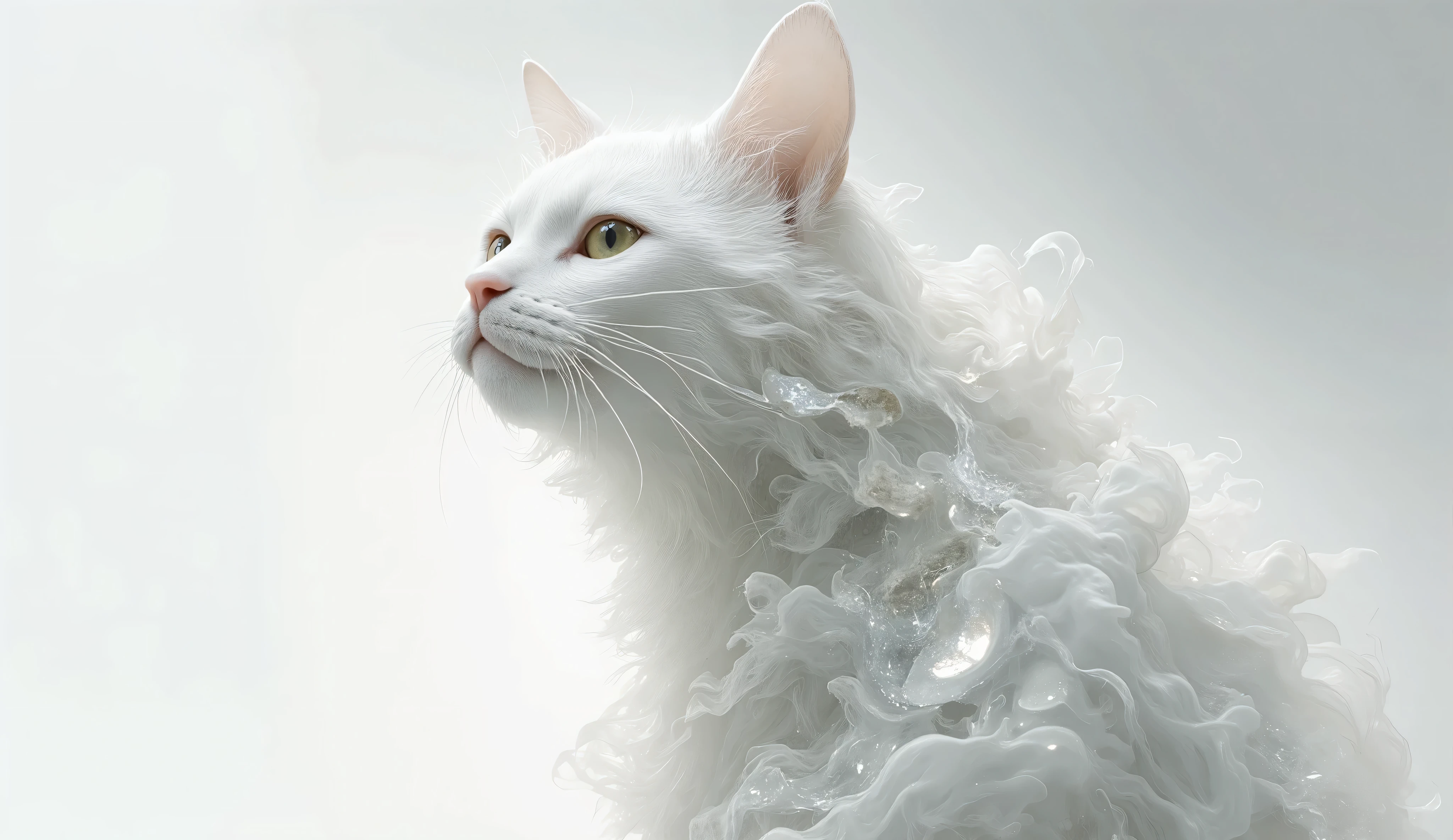 Imagine a surreal portrait of a white cat whose face is a mosaic of various textures and materials, including cracked earth, smoke, flowing water, and shimmering crystals. He stands in a minimalist white room, with a single beam of light illuminating her face. Her expression is serene and contemplative. The scene is rendered with photorealistic detail, capturing the intricate textures and subtle color variations. In the style of surrealist photography, reminiscent of Man Ray and Salvador Dali, with a touch of modern digital art.