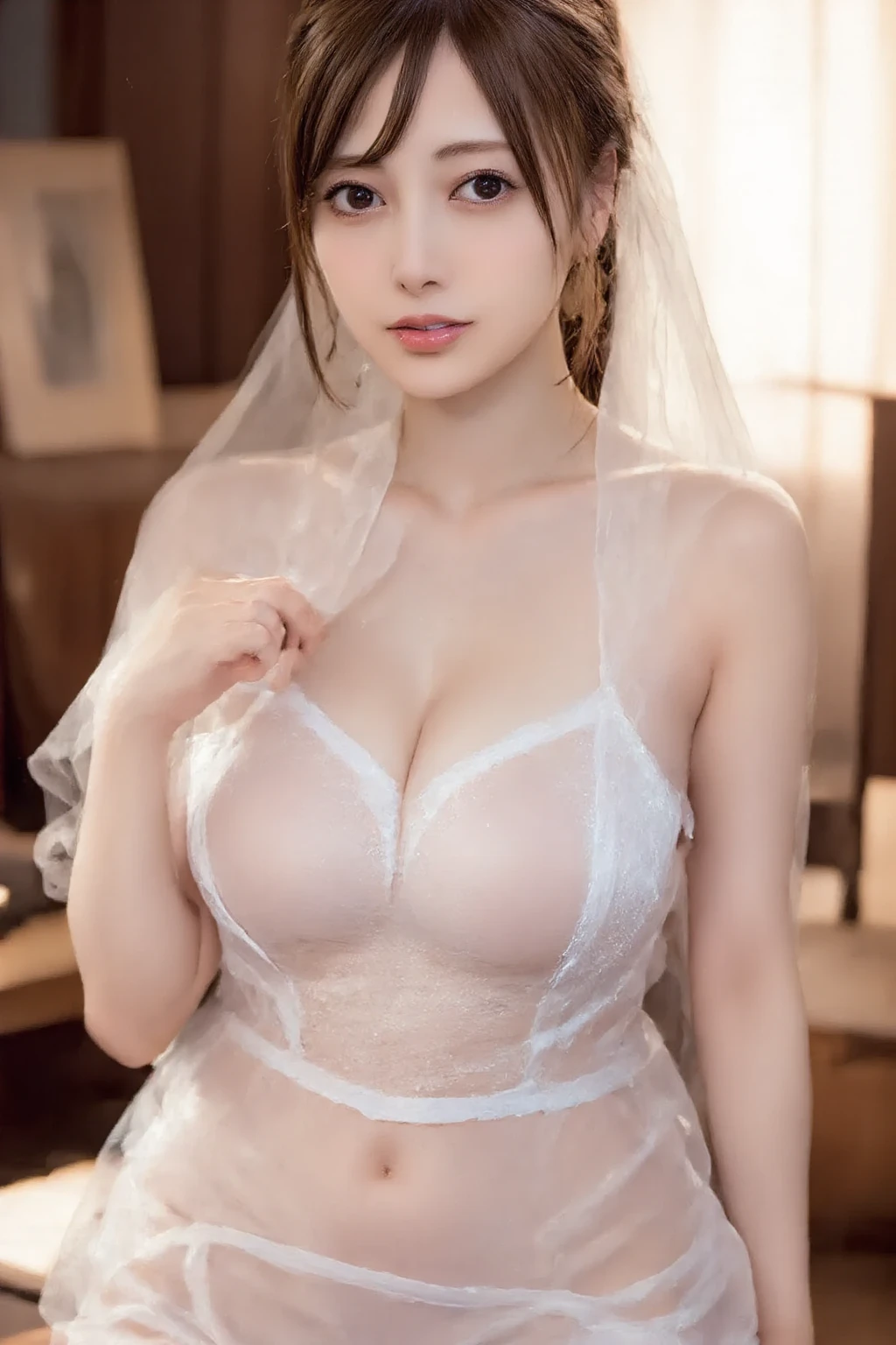 huge tit,Sheer tulle sheer wedding dress。