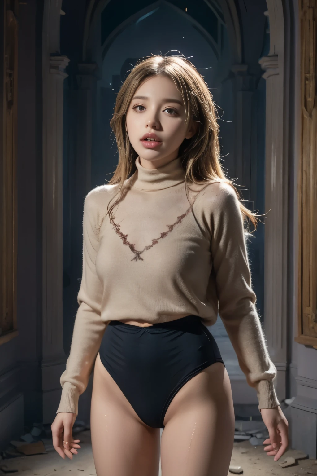 (masterpiece, highest quality), 1 girl, beautiful face, beautiful body, wearing a Black gymnastics bloomers, High leg、high neck sweater,purple sweater,blond long hair, cowboy shot、Are standing、full body portrait、alone, complex details, enlarged textures, complex details, finely detailed eyes and detailed face, intricate details, perfect eyes, equal eyes, perfect body, extremely detailed, (), extremely realistic 3d,While taking off her bloomers,Scared girl、shout、Convulsing with fear、 in ruins、Abandoned castle、Gothic style Western-style building