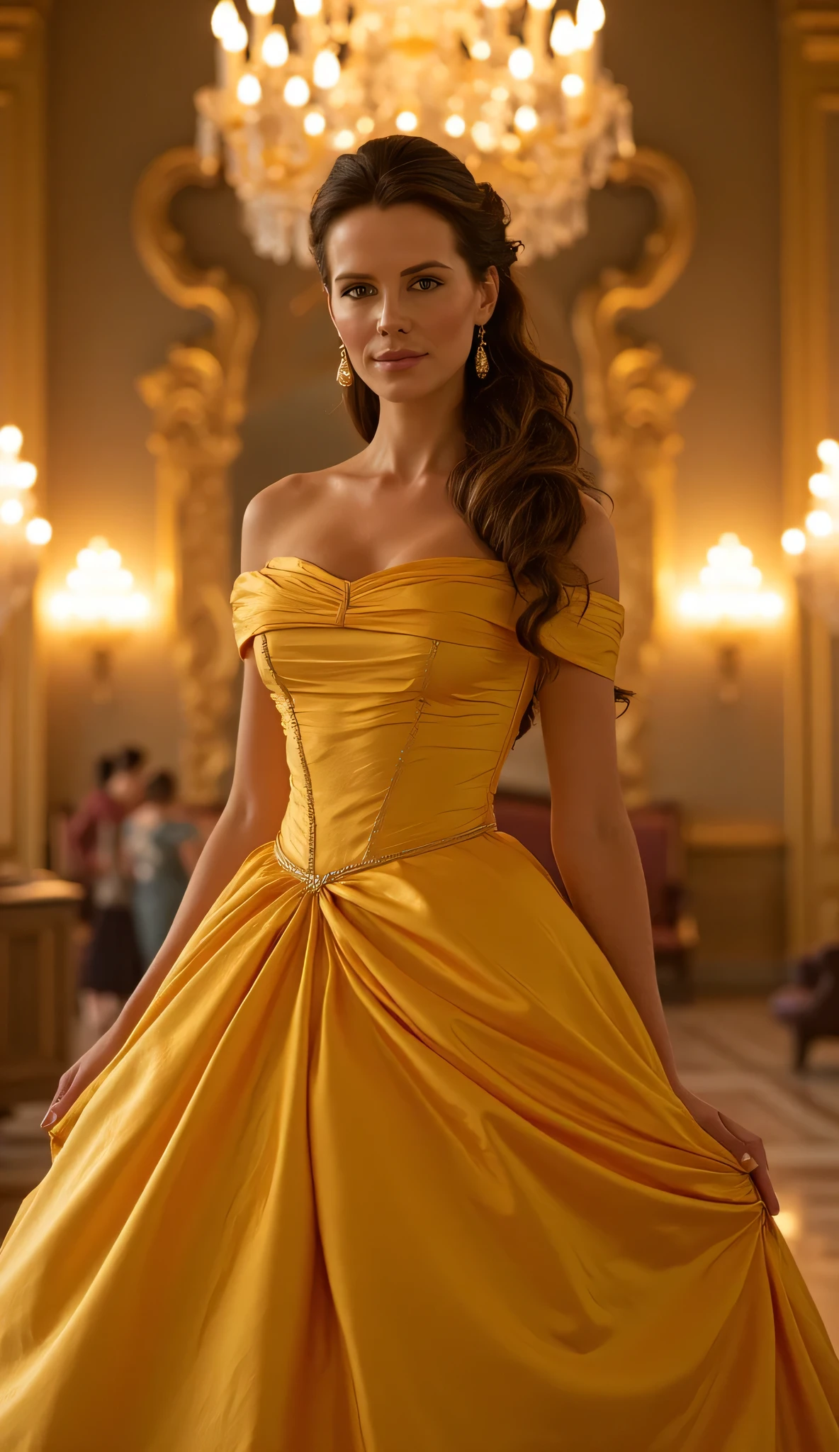 "Full-body portrait of Kate Beckinsale as Belle from Disney's Beauty and the Beast, wearing the iconic golden ball gown with flowing fabric and off-shoulder design, elegant hairstyle with loose curls and a ribbon, standing in a grand ballroom with chandeliers and ornate golden decor, warm candlelight glow, romantic fairytale atmosphere, highly detailed, realistic face, Disney princess style blend"