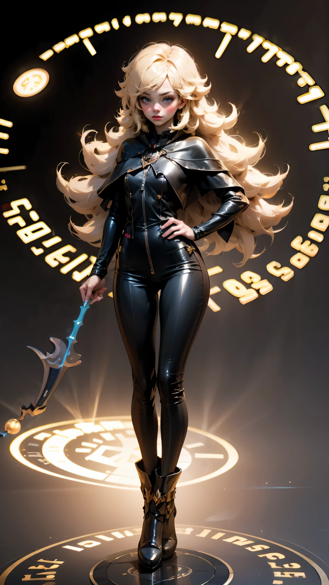 darck magician gils. blue eyes, long hair. blond hair. curly hair, blush on cheek, sexy pose. black clothes . black leather clothing. Pose of levitation on a magic staff. MAGIC HANDS . Magic circle in the background. full body shot.