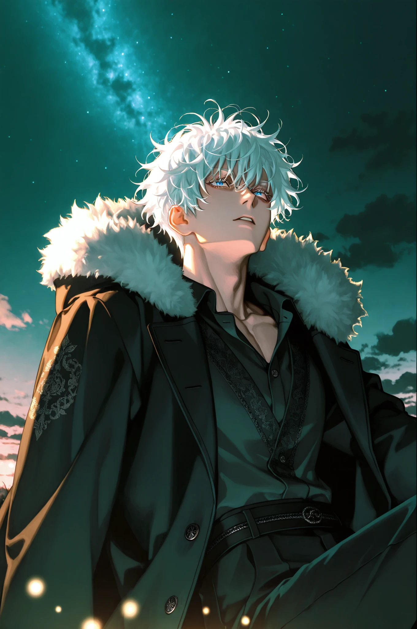 masterpiece, best quality, amazing quality, absurdres, cinematic, cinematic lighting, cinematic shadows, 8k, HDR, perfect eyes, semi-realism art, semi-realism art style, exquisite details, very detailed, (artist:lack, rei_\(sanbonzakura\):0.55), (yoneyama_mai:1.2), 1male, male focus, gojou satoru /(jujutsu kaisen/), alternate hairstyle, white hair, (short hair, messy hair, wavy hair:1.3), very long eyelashes, white eyelashes, blue eyes, intricate eye iris, detailed eyes, (muscular), toned body, handsome, 1man, handsome man, mature, mature man, alternate costume, intricate coat, long coat, closed clothes, fur hood, pants, embroidery, intricate ornaments, intricate jewelry, solo, looking up, looking up, sitting, ((dynamic pose)), dynamic angle, dynamic shot, cinematic shot, cinematic composition, from ground shot, from below, upper_body, lake, firefly, bokeh, night sky, stars, clouds, colorful, surrounded by lotuses, lots of lotuses, surreal background, surreal, artwork, fantasy artwork,