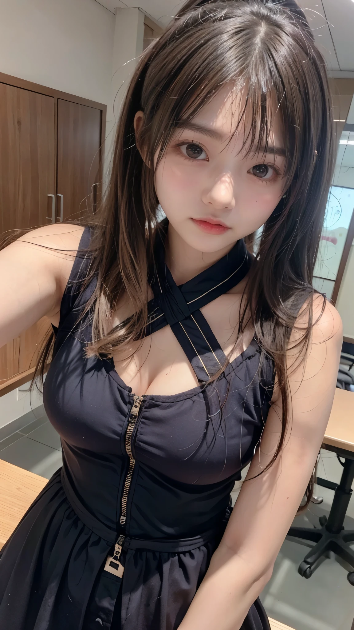 ((blond hair、ponytail)),  stylish hair 、(Large breasts accentuated by straps、Breast bag)、((slender body line、tight waist))、beautiful small face、Large, symmetrical eyes、High nose、Moisturizing Lips、Highest Quality、8K、 RAW photos 、reality、ultra high definition、(detailed eyes and faces between desks:1.2、professional photography techniques)、looks at the viewer、naughty smile