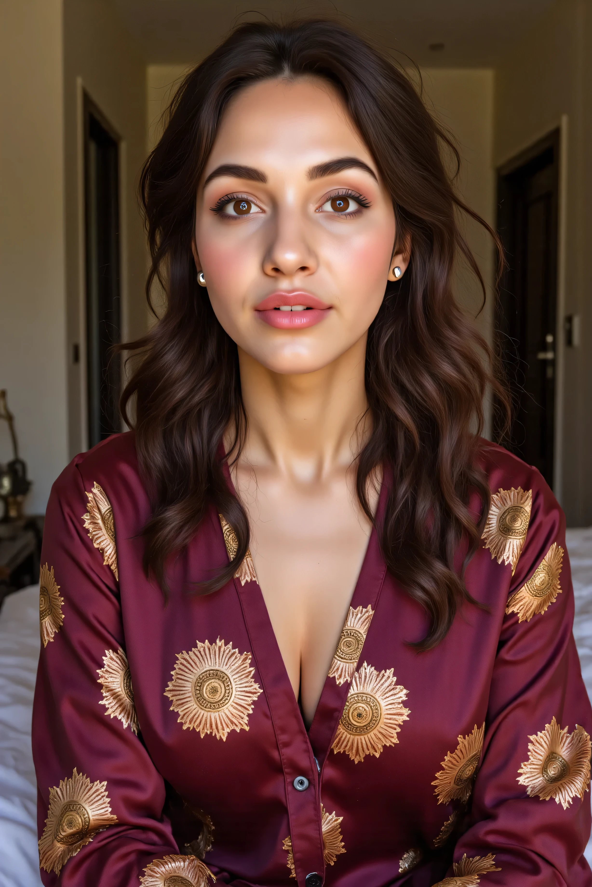 Beautiful skinny slim healthy round face indian very white skin curvy milf wife with long messy curly hair smirking look, perfect breast, simple small black dot bindhi, broad shoulder, big hip, big ass, thick thighs, woman wearing silk maroon kurti golden flower pattern (big clevage), in indian middle class bedroom, ultra hd photo, 4k picture, looking at camera, woman sitting on bed.