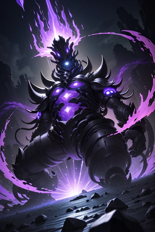 A giant blob monster, black skin, made entirely fom magic, onix stones flutuating, purple bolts everywhere, magic powers rounding him, darkness creature, abyssal enemy, monster